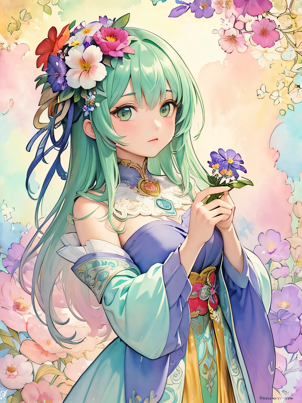 Alphonse Mucha Style、(((stylish fashion))), 8K Quality、Intense watercolor, Detailed watercolor art, Watercolor splash, Surreal, avant-garde pop art, Beautiful and expressive paintings, Beautiful artwork illustration, Very colorful tones, wonderful, Cool beauty, highest quality、Official Art, Vector art, Stylish design, (((The most beautiful girl))), (((highest quality))), HDR, ((detailed)), (((Doodle Art)), ((masterpiece)), ((Super detailed)), (((Colorful flowers))),(((Stylish))),