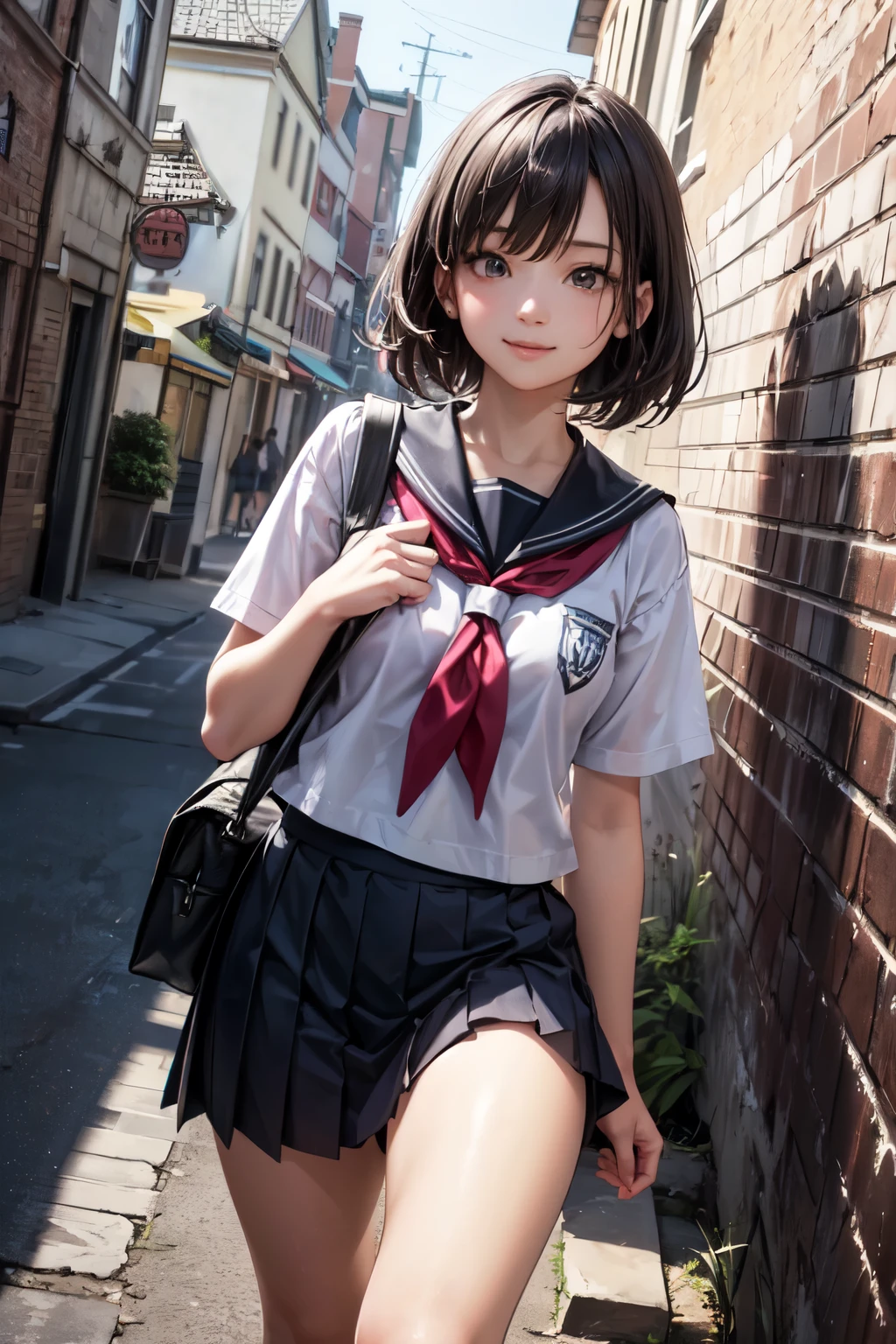 very cute and beautiful girl,(highly detailed beautiful face),(smile),looking at viewer,
black hair,serafuku,short sleeve,(pleated navyblue mini skirt),standing,holding school bag,
town street,front of gray brick wall,pink building,
(best quality,masterpiece),absurdres,highres,ultra-detailed,extremely detailed,32k,8k resolution,
intricate details,cinematic scene,detailed background,solo,dynamic angle,realistic,
