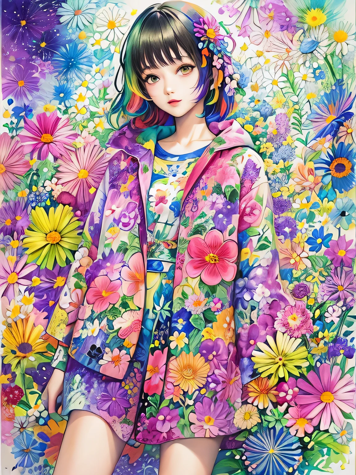 Hiromi Matsuo Style、(((stylish fashion))), 8K Quality、Intense watercolor, Detailed watercolor art, Watercolor splash, Surreal, avant-garde pop art, Beautiful and expressive paintings, Beautiful artwork illustration, Very colorful tones, wonderful, Cool beauty, highest quality、Official Art, Vector art, Stylish design, (((The most beautiful girl))), (((highest quality))), HDR, ((detailed)), (((Doodle Art)), ((masterpiece)), ((Super detailed)), (((Colorful flowers))),(((Stylish))),