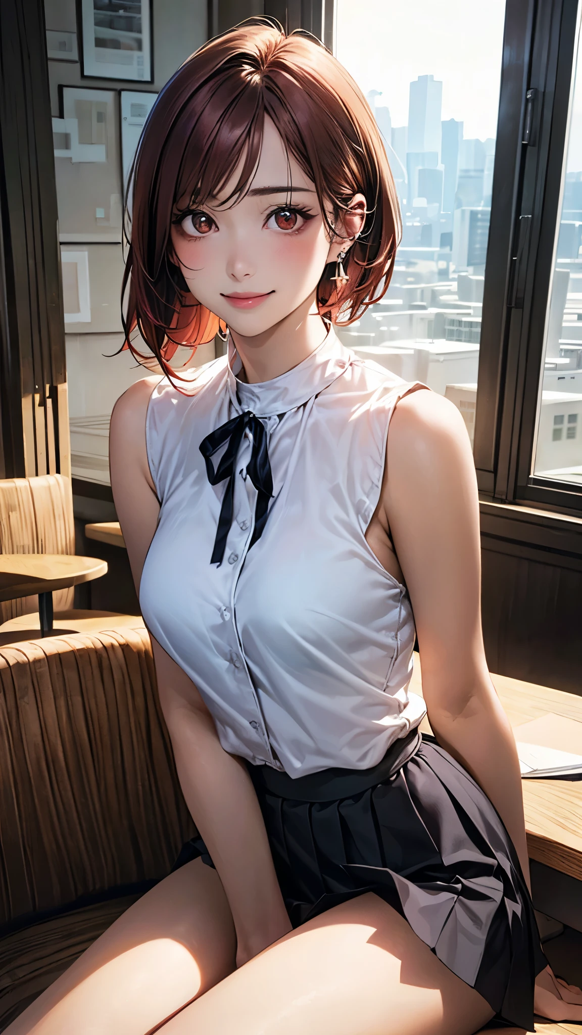 8k,Highest quality,(masterpiece:1.2),(Realistic),(Realistic:1.37),Ultra-high resolution,One Woman,smile,((Big Breasts)),Beautiful Eyes,(((colorful shirt))),Perfect body,Perfect Fingers,Professional Lighting,gravure,Detailed face and skin texture,fine grain,RAW Photos