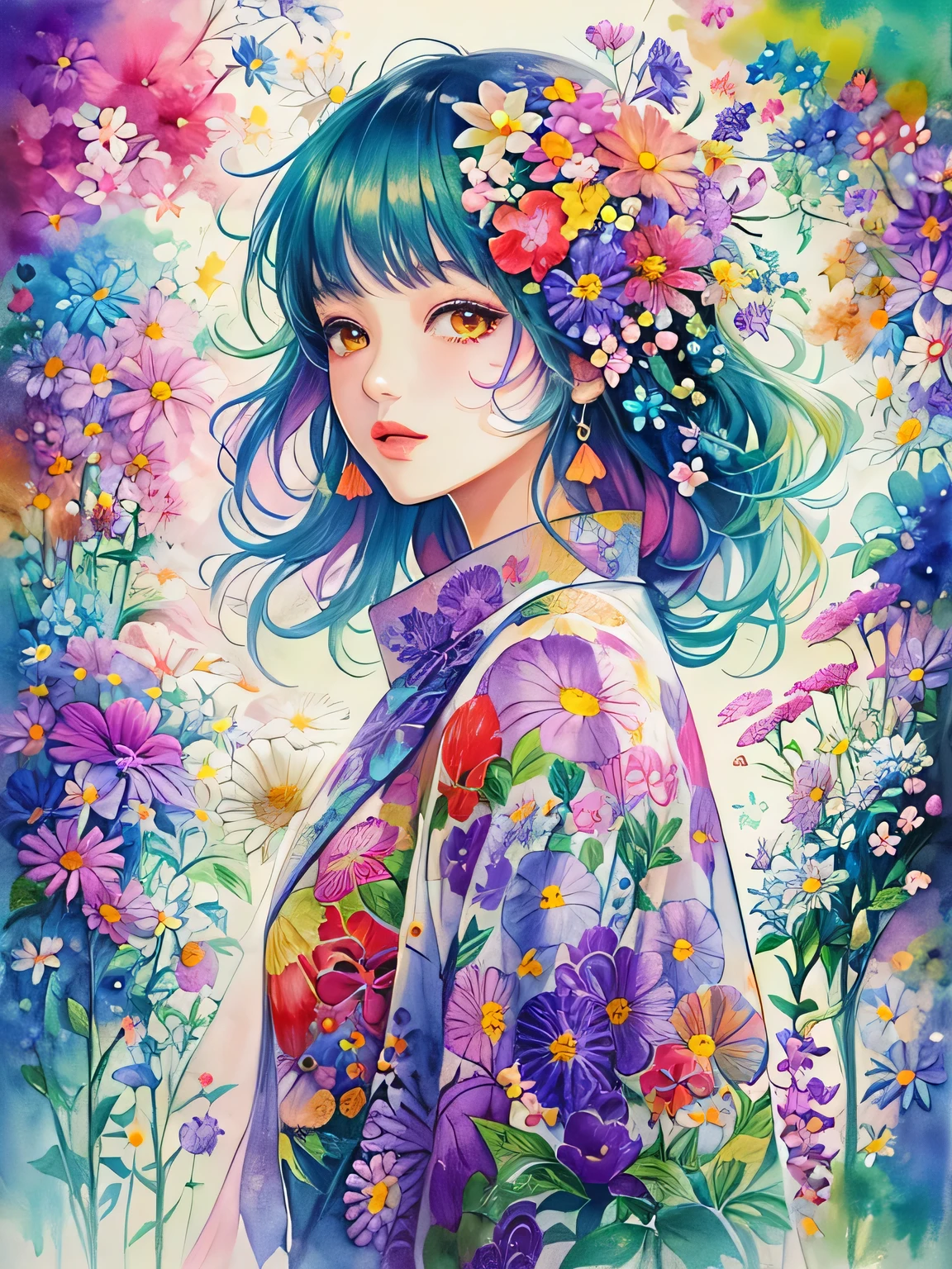 Hiromi Matsuo Style、(((stylish fashion))), 8K Quality、Intense watercolor, Detailed watercolor art, Watercolor splash, Surreal, avant-garde pop art, Beautiful and expressive paintings, Beautiful artwork illustration, Very colorful tones, wonderful, Cool beauty, highest quality、Official Art, Vector art, Stylish design, (((The most beautiful girl))), (((highest quality))), HDR, ((detailed)), (((Doodle Art)), ((masterpiece)), ((Super detailed)), (((Colorful flowers))),(((Stylish))),