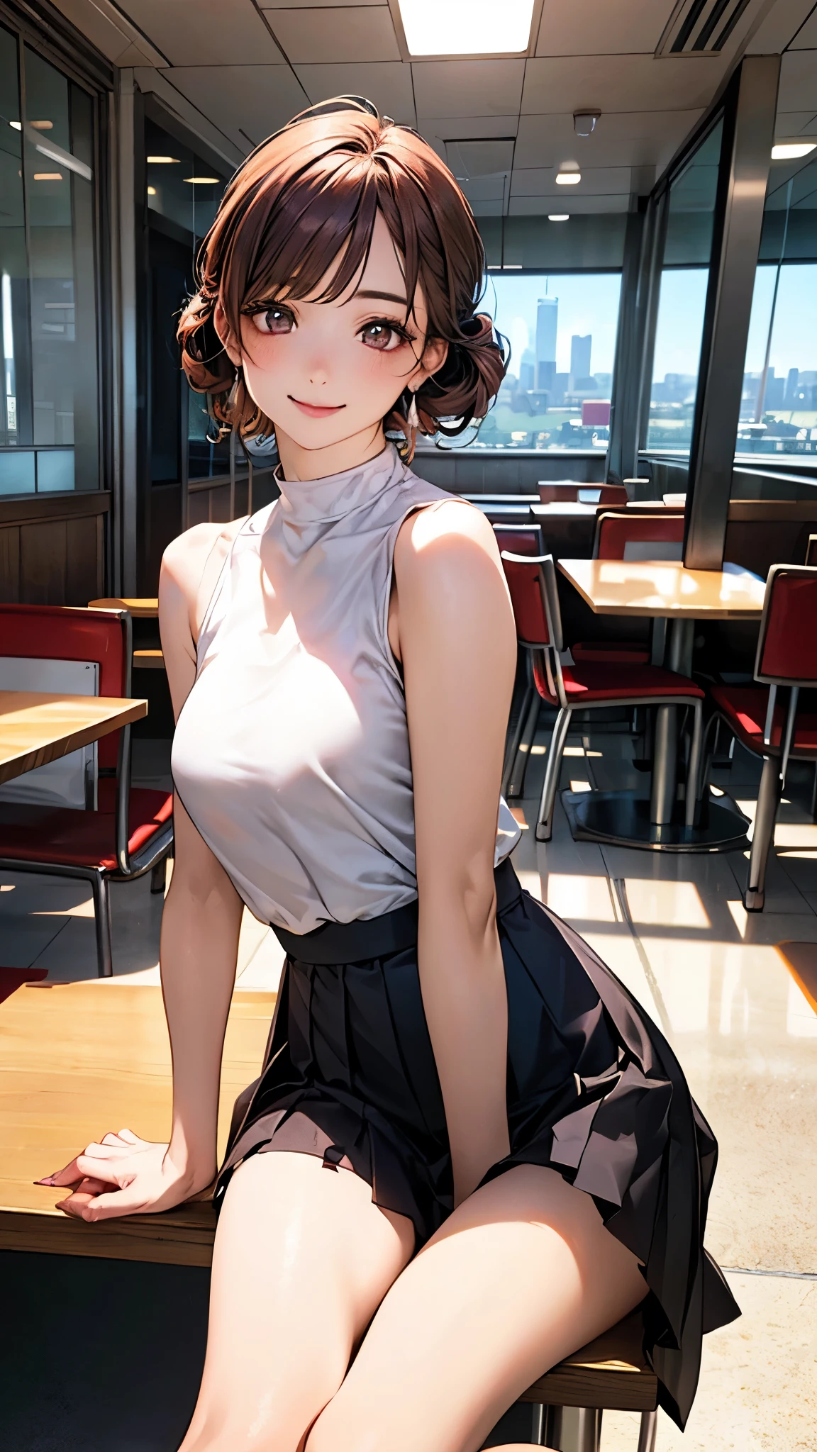 (masterpiece:1.2, highest quality), (Realistic, photoRealistic:1.4), Beautiful illustrations, (Natural Side Lighting, Cinema Lighting),
View Viewer, whole body, Front view:0.6, 1 girl, Japanese, office worker, reception, Perfect Face, Cute and symmetrical face, Sunburn, Shiny skin,
(short hair, Half Up, Brown Hair), Swept-apart bangs, Light brown eyes, Long Eyelashes, (Medium chest), thin,
Beautiful Hair, Beautiful Face, Beautiful fine details, Beautiful clavicle, Beautiful body, Beautiful breasts, Beautiful thighs, Beautiful feet, Beautiful fingers,
(Sleeveless high neck white top), (Light purple pleated skirt), Earrings, Red hair ribbon,
(Beautiful views), Big break, (Modern cafe indoors), Cityscape of windows, (Sitting), (Cute smile),