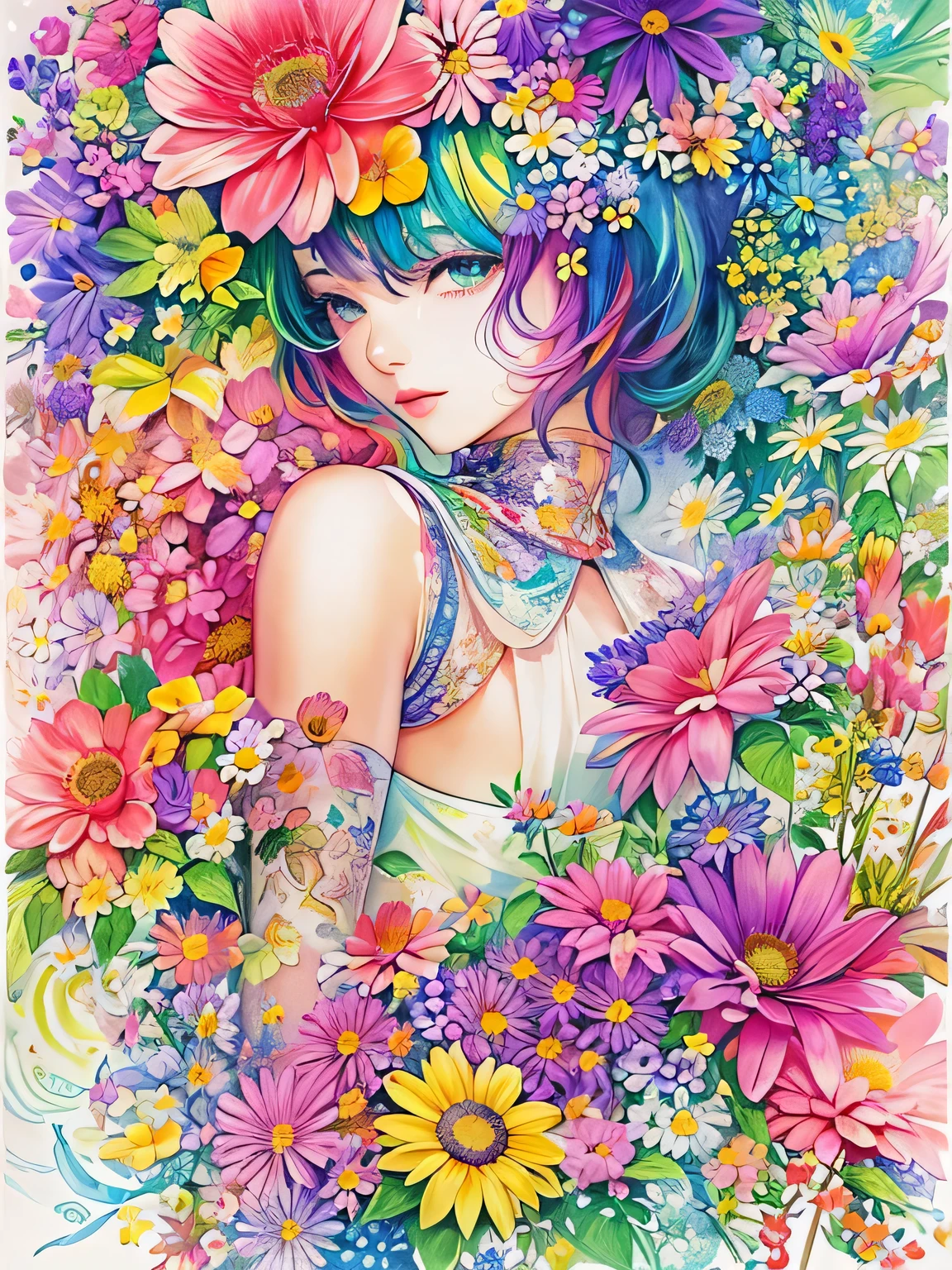 Hiromi Matsuo Style、(((stylish fashion))), 8K Quality、Intense watercolor, Detailed watercolor art, Watercolor splash, Surreal, avant-garde pop art, Beautiful and expressive paintings, Beautiful artwork illustration, Very colorful tones, wonderful, Cool beauty, highest quality、Official Art, Vector art, Stylish design, (((The most beautiful girl))), (((highest quality))), HDR, ((detailed)), (((Doodle Art)), ((masterpiece)), ((Super detailed)), (((Colorful flowers))),(((Stylish))),