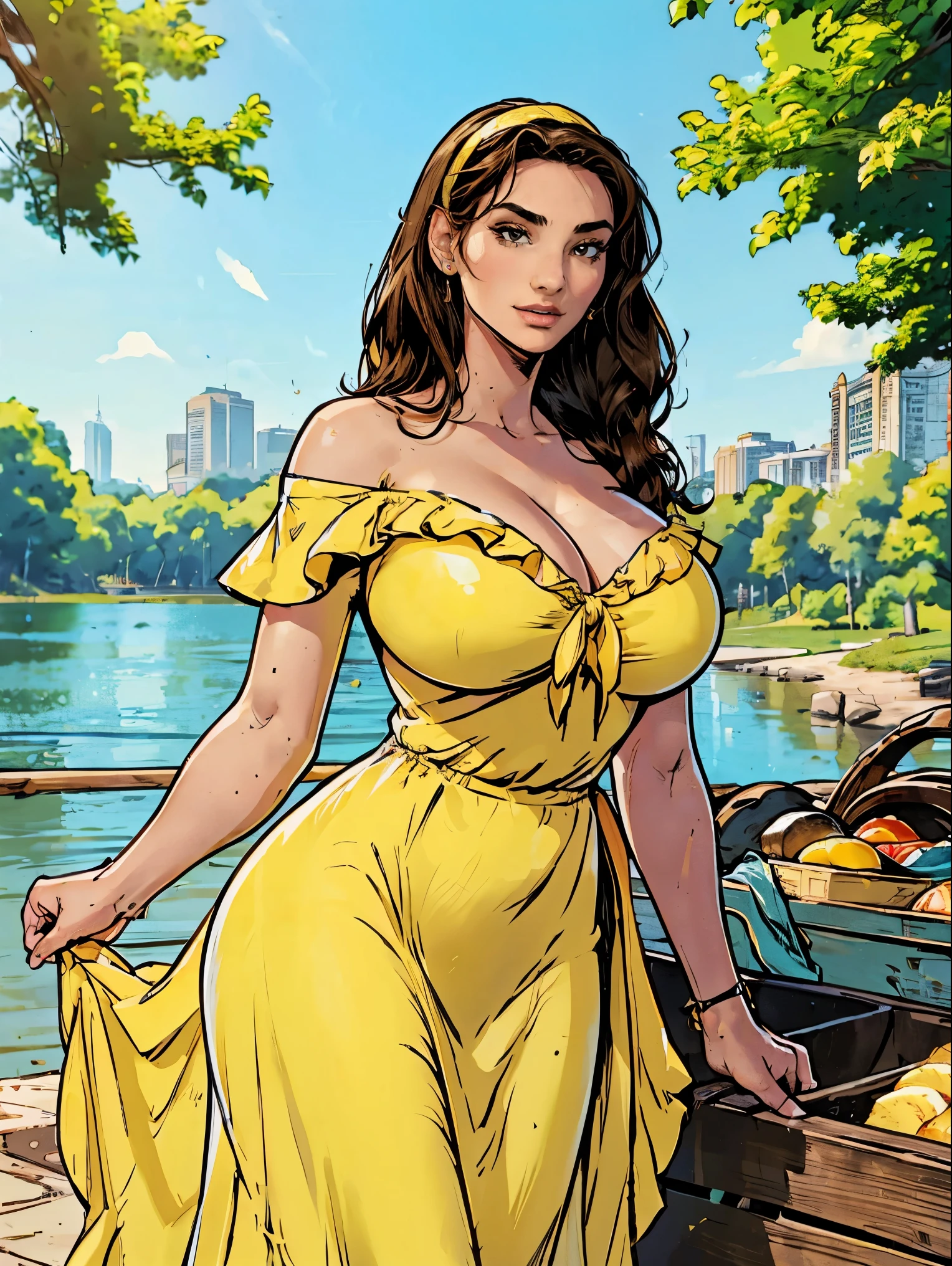 Gorgeous and sultry busty athletic (thin) brunette with sharp facial features and a (large nose) and (huge boobs) wearing a pale yellow off-shoulder ruffled sundress, hairband, long dress, park, lake, picnic