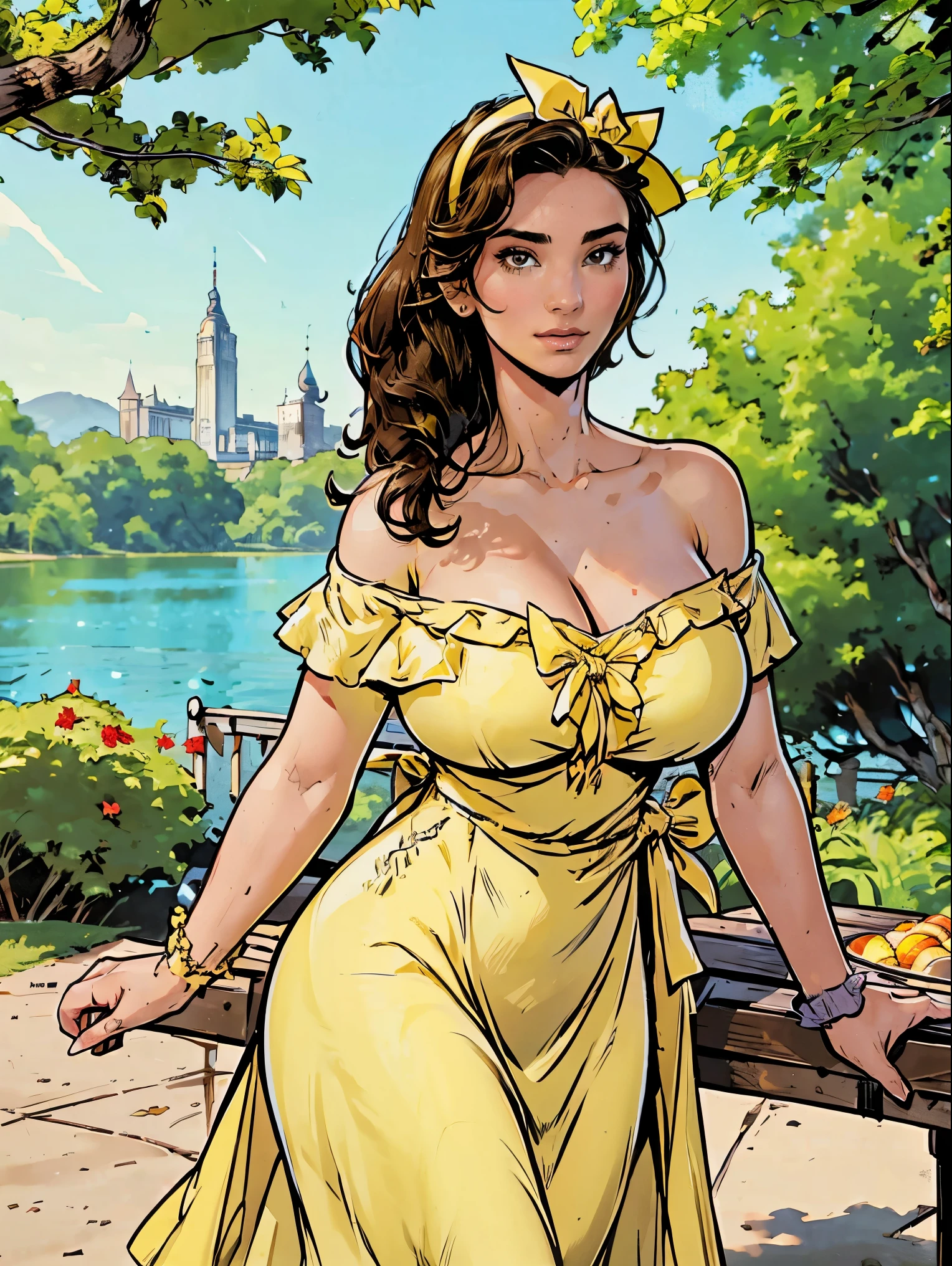 Gorgeous and sultry busty athletic (thin) brunette with sharp facial features and a (large nose) and (huge boobs) wearing a pale yellow off-shoulder ruffled sundress, hairband, long dress, park, lake, picnic