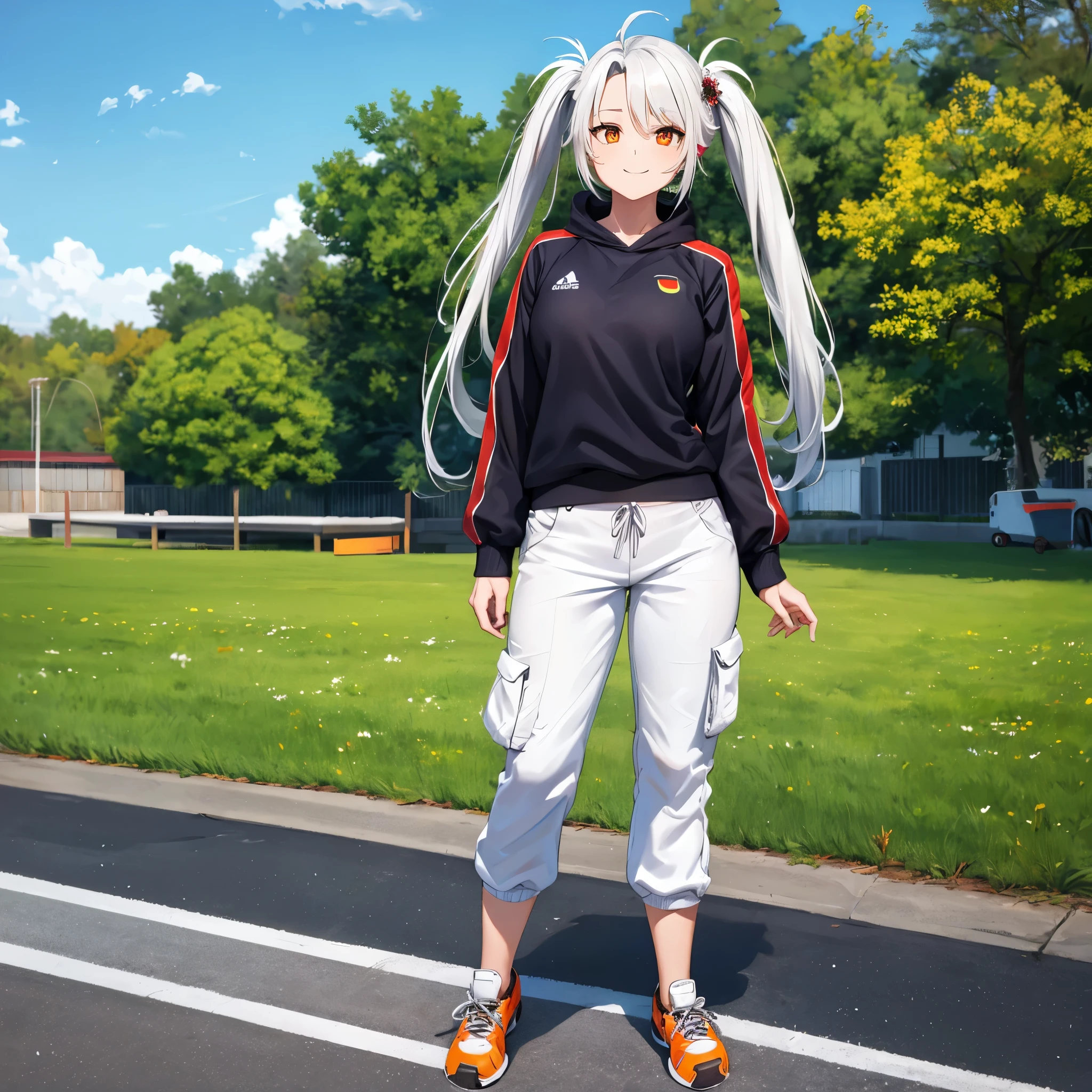 A woman wearing a custom white German flag sweatshirt, wearing white cargo pants, white sports shoes, long white hair, pigtails, red bangs, orange eyes, smiling, fullboy (solo woman) standing on a concrete road, with a custom trailer with German flag (very personalized trailer), background with grass with a view of the sky, daytime location., glow, drop shadow, flower, UHD, masterpiece, accurate, anatomically correct, textured skin, super detail, high quality, best quality, 8k, high resolution, bokeh effect.
