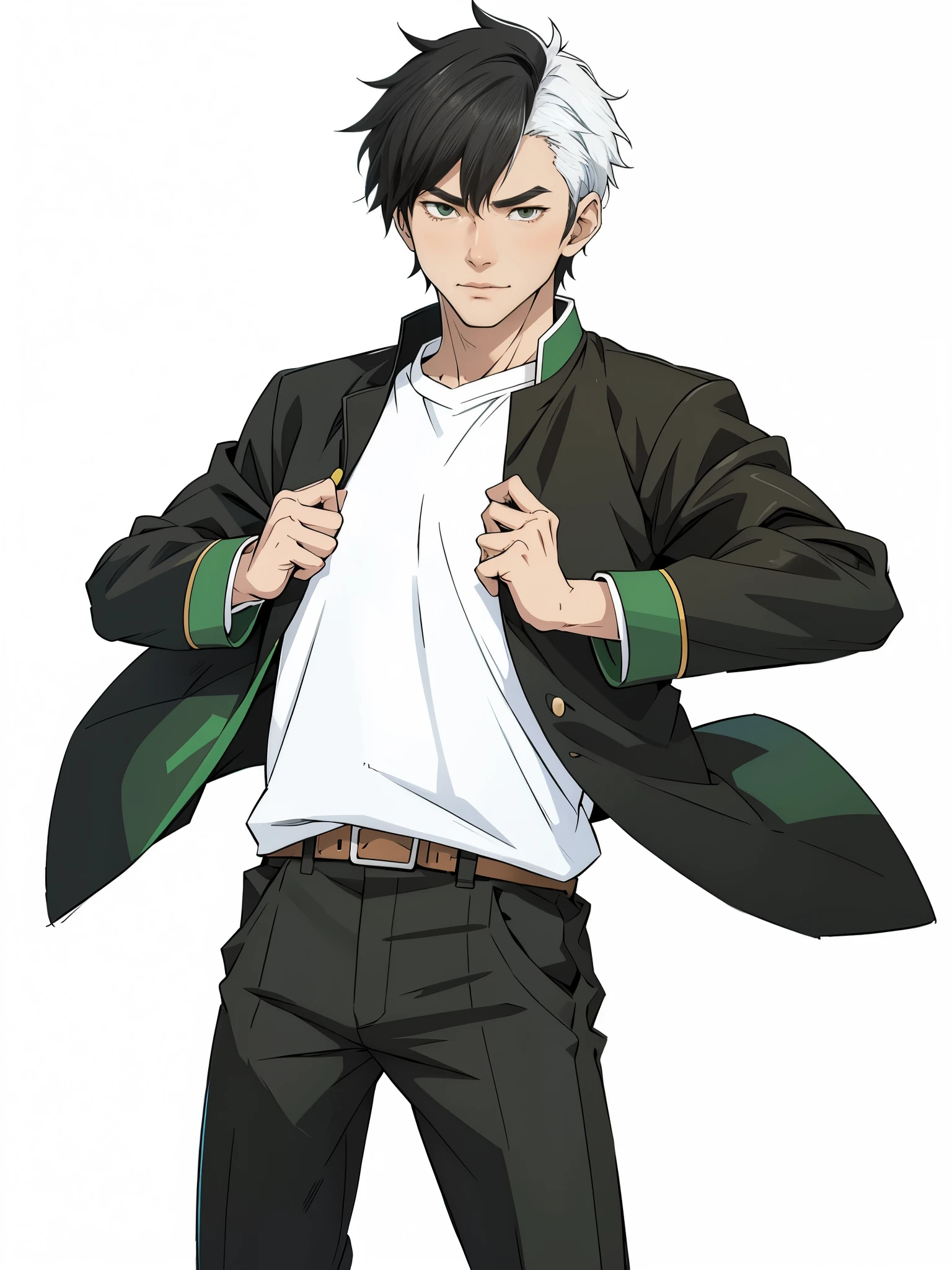 anime character with white hair and black pants and a black middle school japanese uniform with green lines, official anime still, holding jacket, official illustration, brown belt, white t-shirt, middle school japanese uniform, thick outlines, black drawing outlines