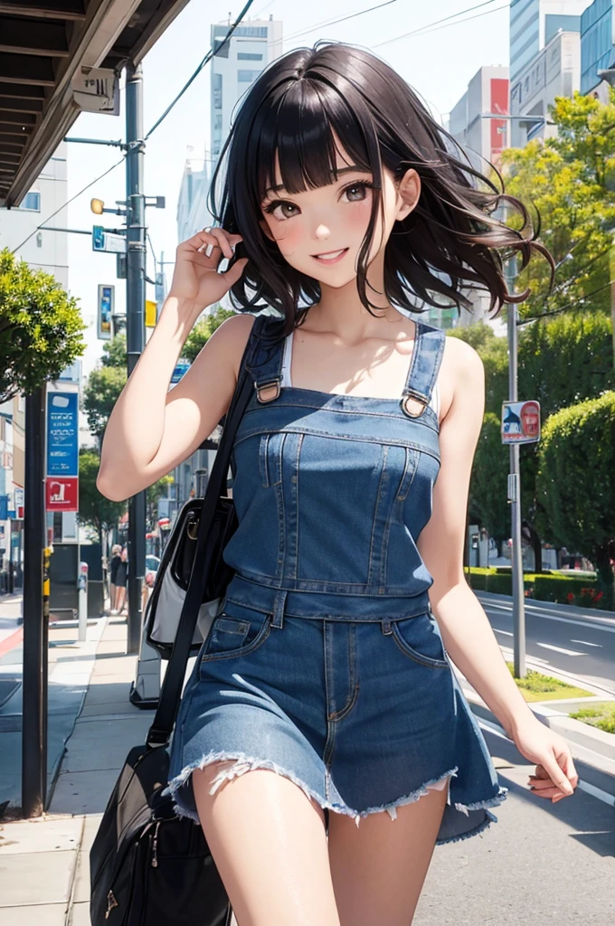 (masterpiece, best quality:1.1),popart style,flat color,({Mia},1girl,japanese,tween,beautiful detailed face,(navy hair),((wavy-short hair)),parallel eyebrows,navy eyes with large irises,blunt bangs,small nose, fresh lips,small breasts,(5feet tall)),. BREAK.enjoy travel,(Beverly hills),LosAngeles, beautiful detailed scenery,very happy,smile,open mouth,. BREAK. ,Flowy sundress,denim vest,dynamic angle,photographic portrait, sharp,