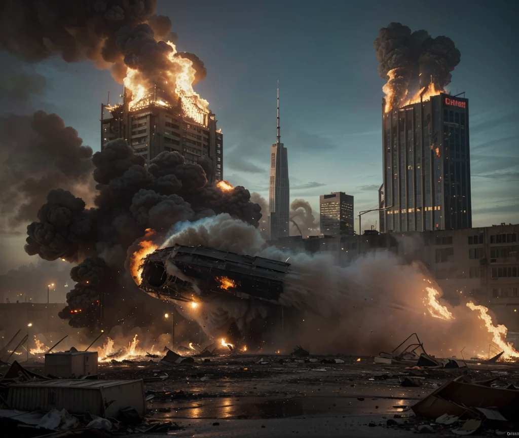 Slow-motion realistic abandoned city post-apocalyptic scenario with a plane crashing into the towers , les 2 tours  burning  avec un panneaux rouillé ecrit Bad city written in big seize john Bellemain ☆♡