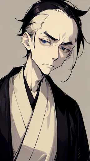 Black kimono from the Taisho period、(Pale-faced man)、(A handsome man who is emaciated due to illness)、Upper Body、Black Hair、looking at the camera、Sad expression