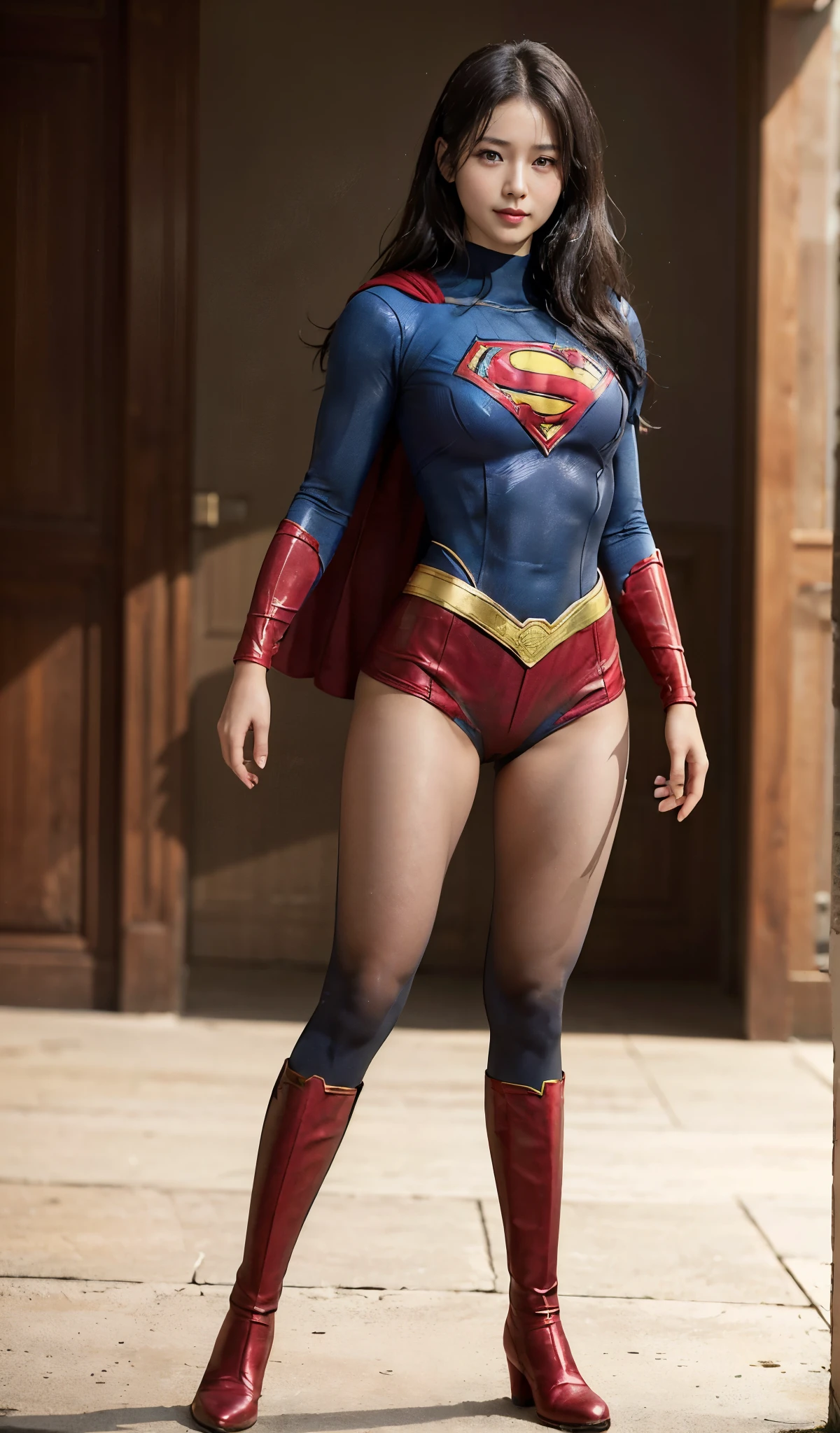 No background、(((Beautiful legs in black tights.)))、(((Legally express the beauty of your smile)))、((((Make the most of your original images)))、(((Body-fitting Supergirl costume)))、(((Supergirl Costume)))、(((Beautiful Hair)))、(((suffering)))、(((Please wear black tights....、Wear red boots)))、((Best image quality、8k))、((highest quality、8k、masterpiece:1.3))、(((Preserve background )))、Sharp focus:1.2、Beautiful woman with perfect figure:1.4、Slim Abs:1.2、Wet body:1.5、Highly detailed face and skin texture、8k