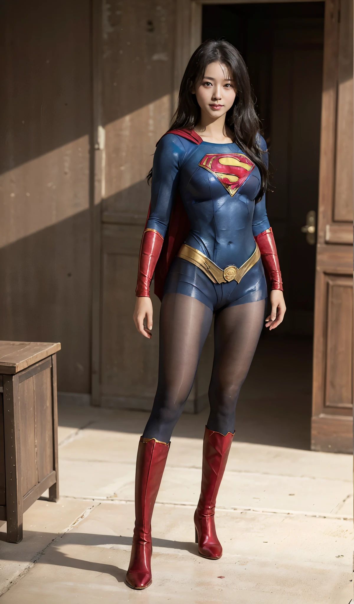 No background、(((Beautiful legs in black tights.)))、(((Legally express the beauty of your smile)))、((((Make the most of your original images)))、(((Body-fitting Supergirl costume)))、(((Supergirl Costume)))、(((Beautiful Hair)))、(((suffering)))、(((Please wear black tights....、Wear red boots)))、((Best image quality、8k))、((highest quality、8k、masterpiece:1.3))、(((Preserve background )))、Sharp focus:1.2、Beautiful woman with perfect figure:1.4、Slim Abs:1.2、Wet body:1.5、Highly detailed face and skin texture、8k