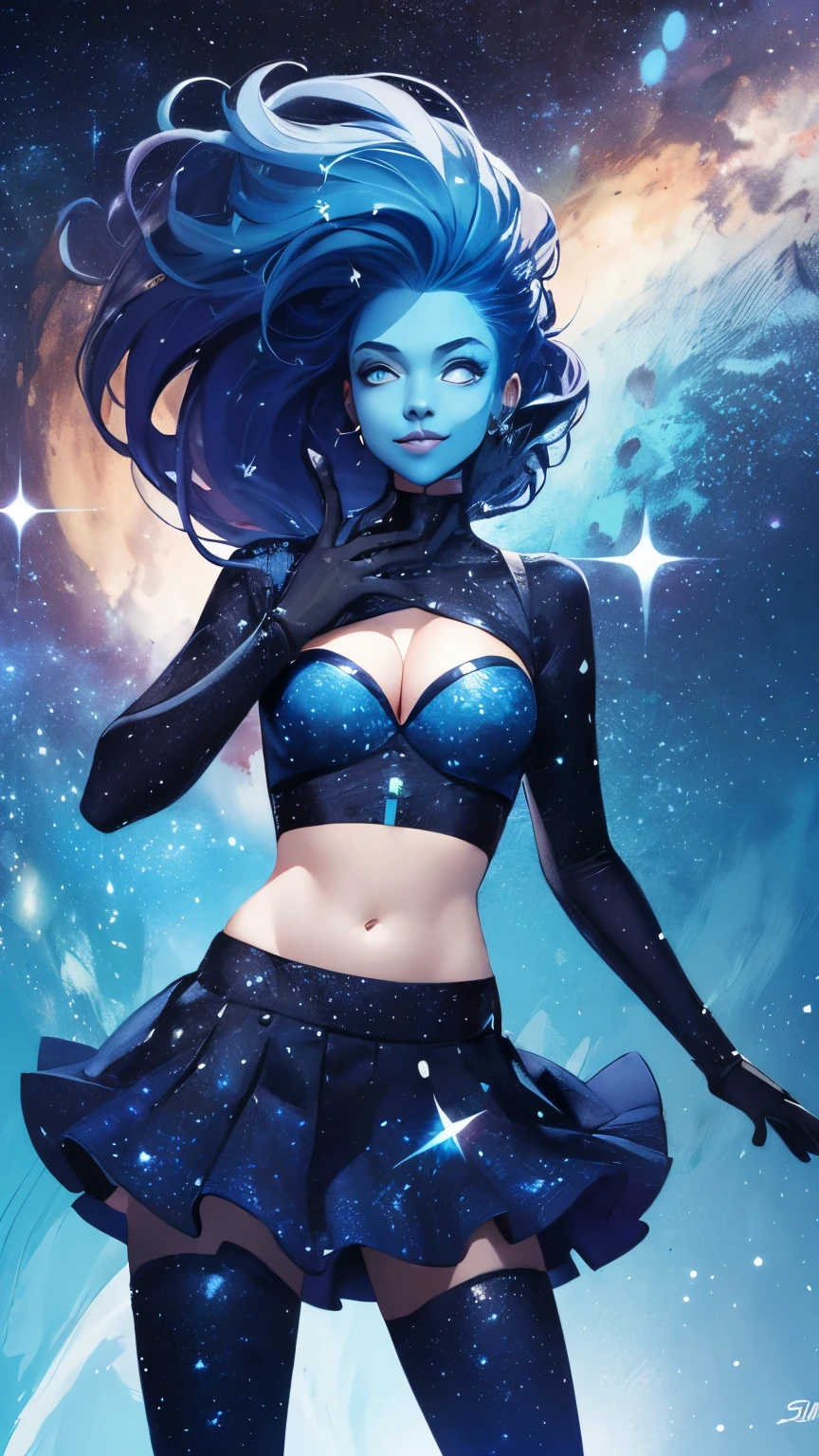 (Highly quality, masterpiece, detailed), Deep Space detailed scenario, Deep space detailed background, 20 years old girl, solo, smile, singularity, blue skin, blue toned skin, dark blue hair, glitter hair, no eye pupils, celestial clothes, stars on the skin, Colored Skin, glowing, glowing eyes, blue eyes long hair, Star on the girls body, dark blue top, sleeves, gloves crop top, cleavage, glitter clothes, alien girl, Dark blue skirt, Abdomen, Navel, beautiful eyes, perfect eyes, looking at the viewer, Sexy pose