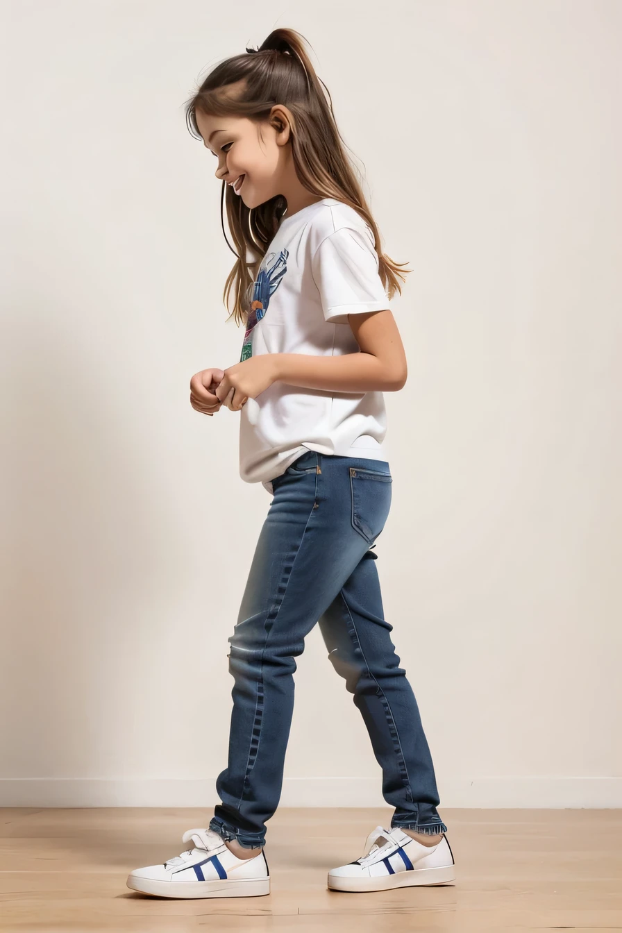 A congressman wearing jeans and carrying a skateboard walking against a white background, (10 year old girl:1.66) ,(Blonde:1.66),(Flat Chest:1.37),(smile:1.37), (White sneakers)Profile portrait of a girl walking, Full body cute young woman, Side view of her taking a step, Standing girl, Cute Girl's, Go right, Full body image, Profile portrait
