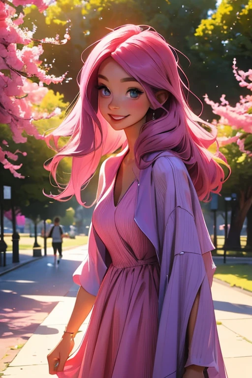 A pink haired woman with violet eyes with an hourglass figure in a summer dress is posing in the park with a smile