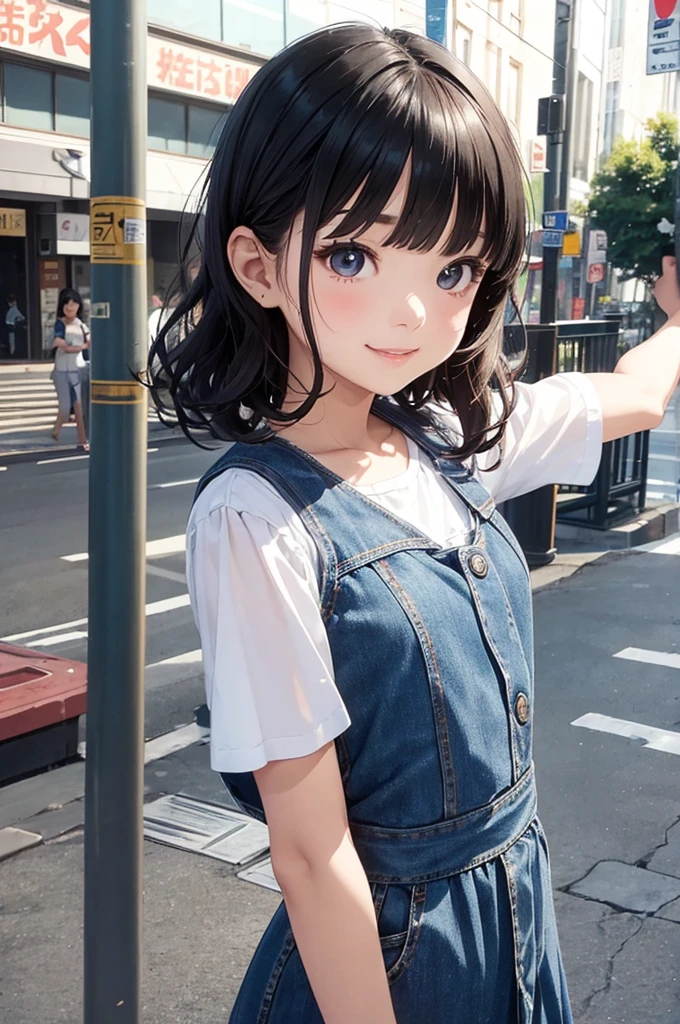 (masterpiece, best quality:1.1),popart style,flat color,({Mia},1girl,japanese,tween,beautiful detailed face,(navy hair),((wavy-short hair)),parallel eyebrows,navy eyes with large irises,blunt bangs,small nose, fresh lips,small breasts,(5feet tall)),. BREAK.enjoy travel,(Little Tokyo),LosAngeles, beautiful detailed scenery,very happy,smile,open mouth,. BREAK. ,Flowy sundress,denim vest,dynamic angle,photographic portrait, sharp,