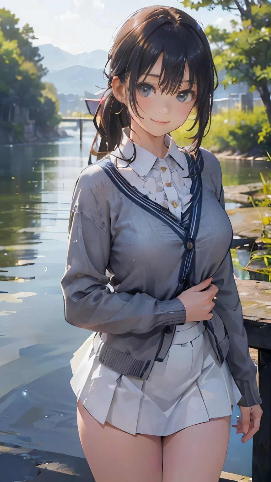 nsfw,(masterpiece:1.2, highest quality), (Realistic, photoRealistic:1.4), Beautiful illustrations, (Natural Side Lighting, Cinema Lighting), 
View Viewer, Cowboy Shot, Front view:0.6, 1 girl, Japanese, high school girl, Perfect Face, Cute and symmetrical face, Shiny skin, 
(Long Hair:1.4, High Ponytail:1.7, Light brown hair), Hair between the eyes, Emerald green eyes, Long Eyelashes, (Big Breasts:0.9, Thick thighs), 
Beautiful Hair, Beautiful Face, Beautiful fine details, Beautiful clavicle, Beautiful body, Beautiful breasts, Beautiful thighs, Beautiful feet, Beautiful fingers, 
((White collared shirt with long sleeves, Navy pleated mini skirt, Navy them, Light Gray Cardigan)), Pink Panties, 
(Beautiful views), evening, River side, walk, Place your hand on your chest, (Cute smile, Upward glance), 