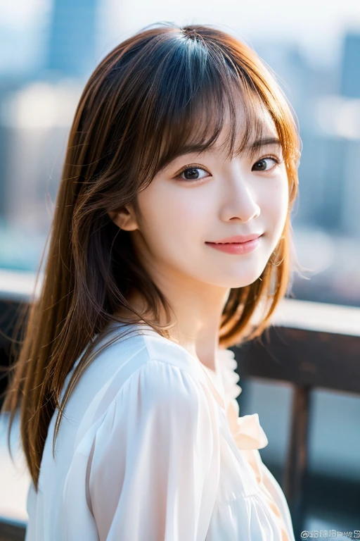 ((最high quality)), ((masterpiece)), (detailed), Perfect Face、Perfect body、Light brown hair、Beautiful Skin、girlfriend on date、Russian Beauty、Smiling face、alone, (((Very detailedな顔)))), ((非常にdetailedな目と顔)))), beautifulディテールの目, Body parts__, Official Art, Unified 8k wallpaper, 非常にdetailed, beautiful and beautiful, beautiful, masterpiece, 最high quality, original, masterpiece, Ultra HD Photos, 最high quality, Ultra-high resolution, Realistic realism, sunlight, Full body portrait, Amazing beauty, Dynamic pose, Delicate face, Vivid eyes, (from the front), 非常にdetailedな都市の屋根の背景, rooftop, Overlooking the city, detailedな顔, detailedで複雑な忙しい背景, Messy, nice, milky, 非常にdetailedな肌, Realistic skin detail, Pores are visible, Clear focus, 8K Ultra HD, high quality, Fair skin