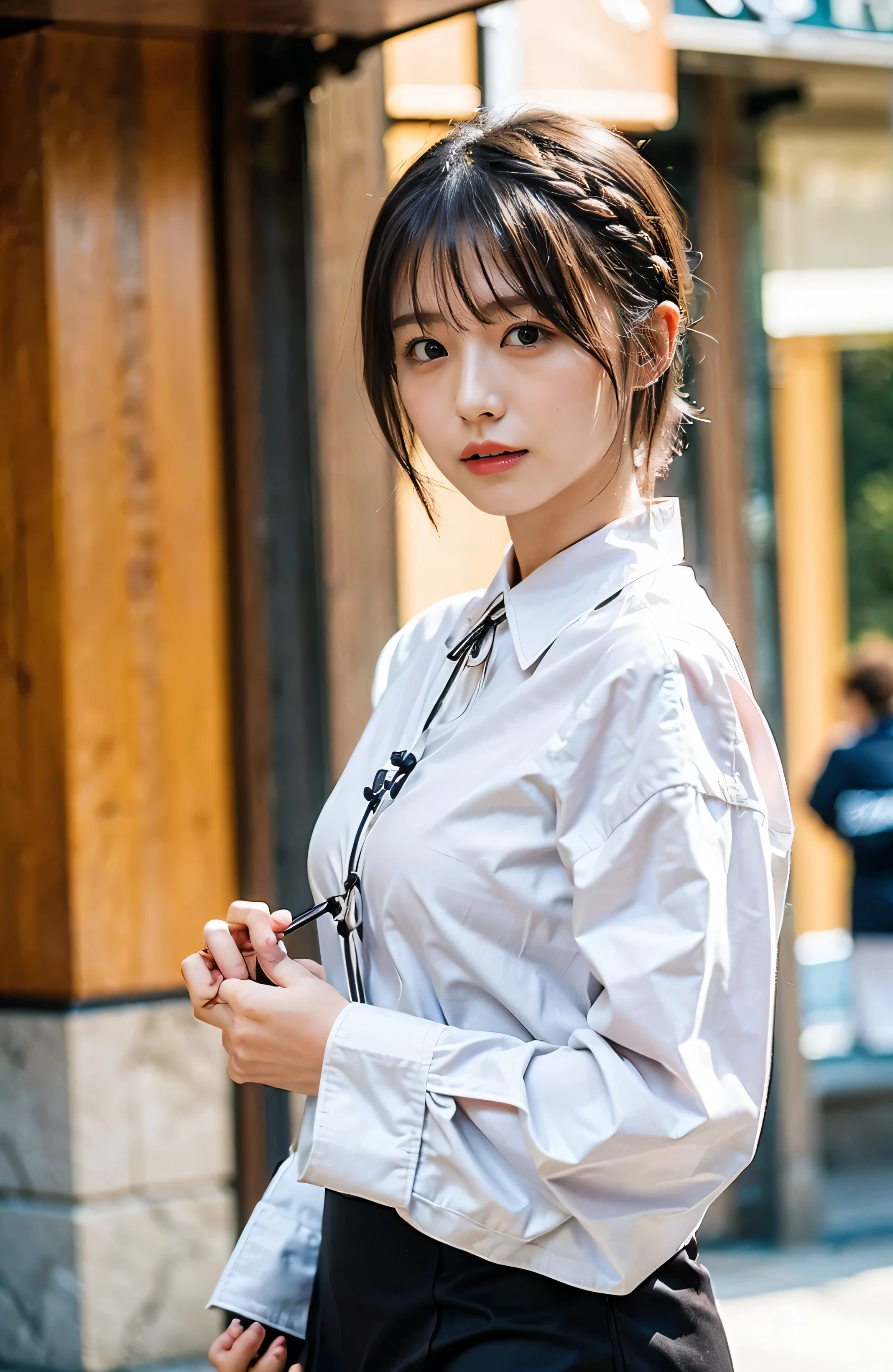 、Close-up shot from the waist up、Silk clothing、Big breasts that can be seen even through clothes、Braided hair only for the bangs、Cowboy Shot、A luxurious white collared silk shirt and brown skirt、Elegant attire、A luxurious bag、In front of a stylish cafe with illuminations、A lovely smile、((Nagoya street corner))、Full body photo、ring、Luxurious clothing、Short skirt、Tuck your hair behind one ear、Silver Necklace、smile、 elegant ponytail、Caustics、Highly detailed photos、Very beautiful eyeedium Short Hair、Large Breasts、Super no makeup、(8k、RAW Photos、highest quality、masterpiece:1.2)、(Realistic、Realistic)、1 girl、((Medium Short Hair、Looking into the camera:1.4))、Hair blowing in the wind
