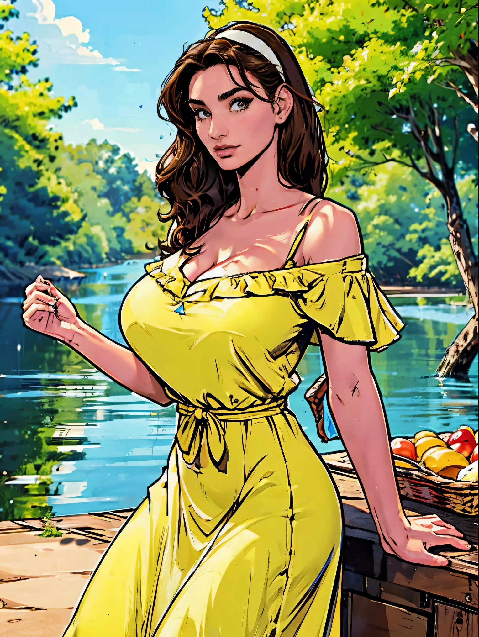 Gorgeous and sultry busty athletic (thin) brunette with sharp facial features and a (large nose) and (huge boobs) wearing a pale yellow off-shoulder ruffled sundress, hairband, long dress, park, lake, picnic