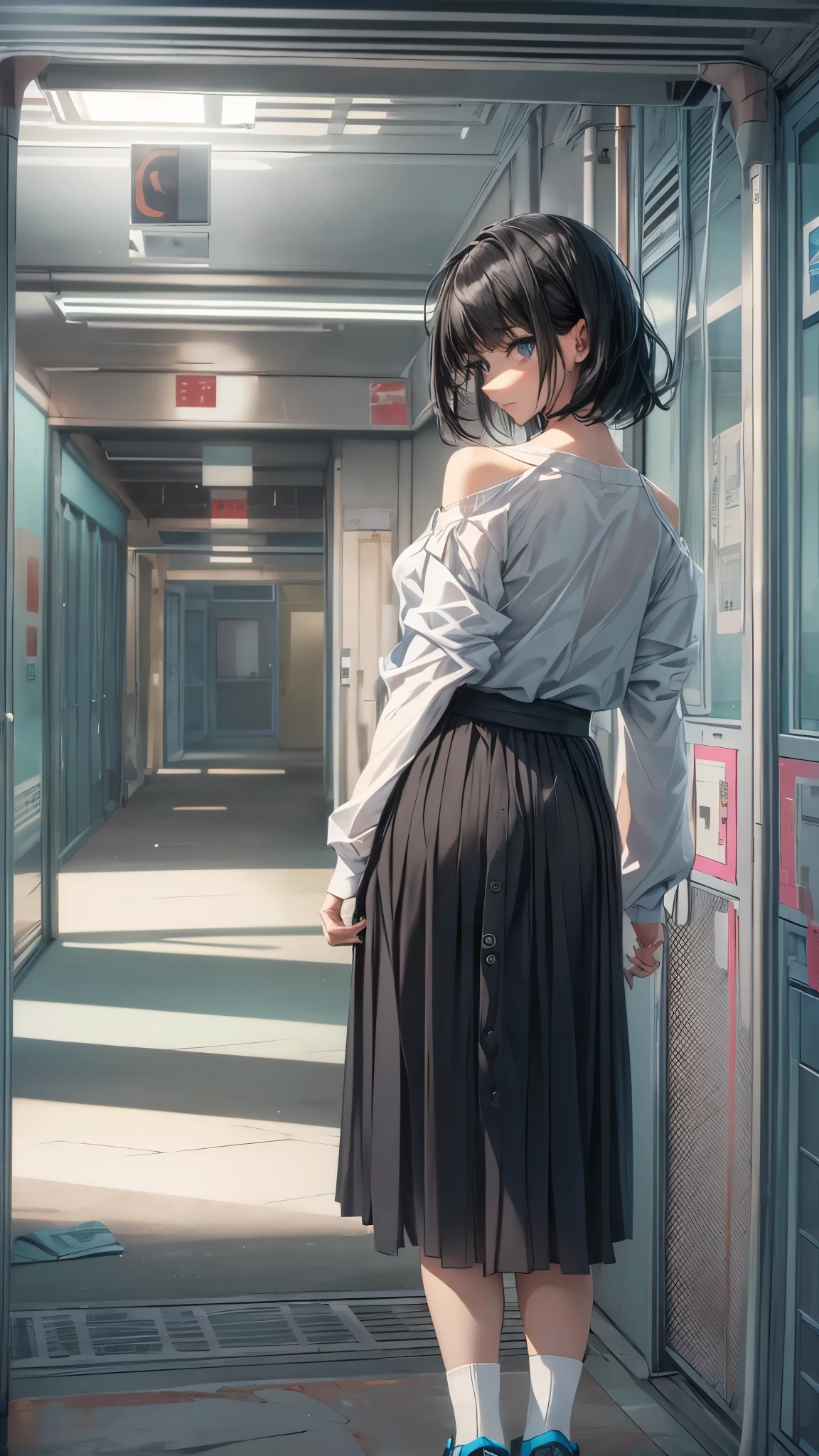 (Super detailed, realistic), hospital scene, [Moderately:Oil], [Professional:1.1], [Physically based rendering], [bright colors], [sharp focus], [studio lighting], [extreme details], [highest quality,4k,8K,High resolution,masterpiece:1.2],(detailed face),outside the streets,((One 18-year-old woman)),(short black hair),(dark), [nervous eyes],(casual ladies fashion,off shoulder,maxi length skirt,socks,pamps),
