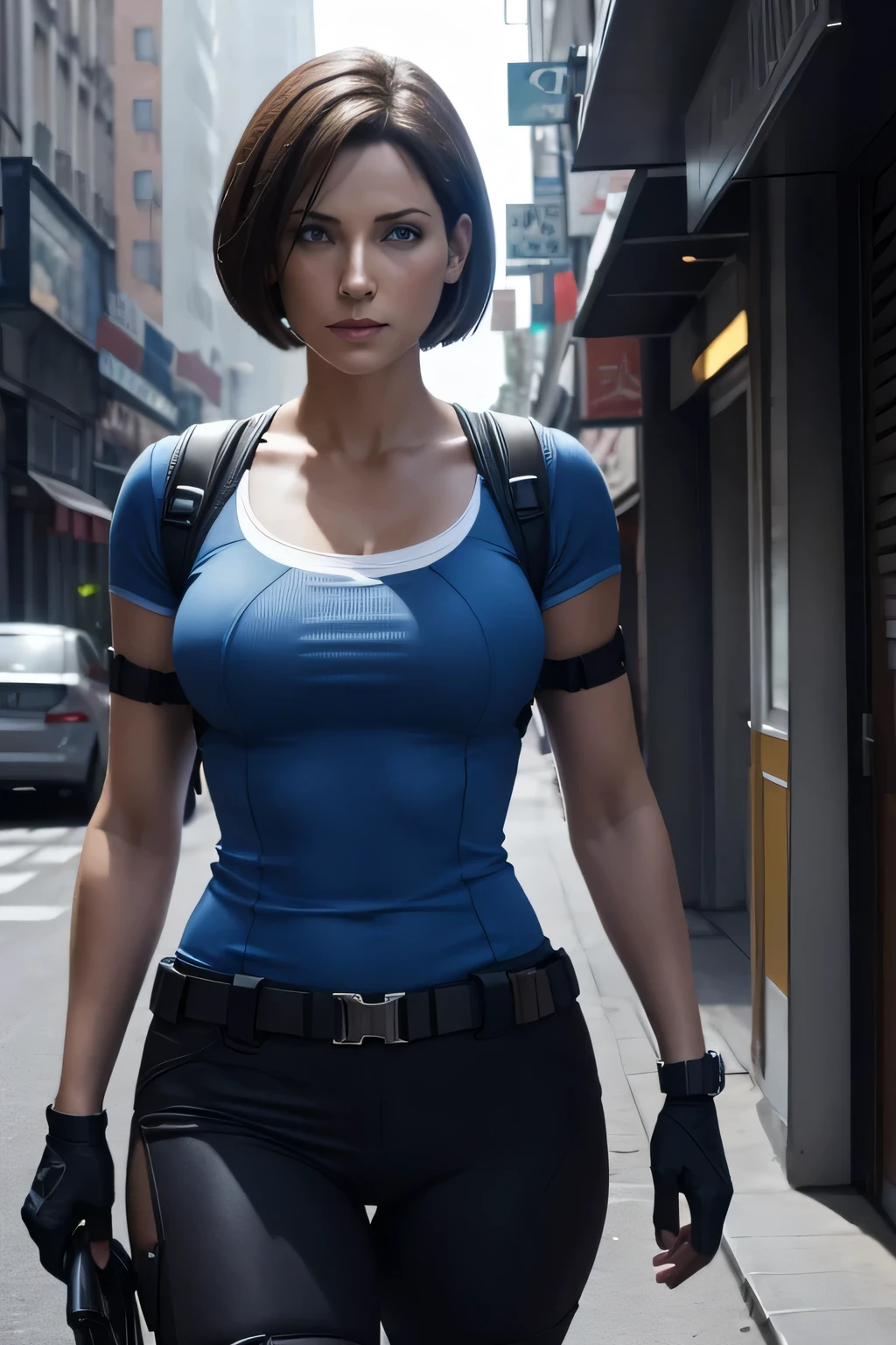 jill valentine walking through the city, looking at the viewer, your classic clothes  