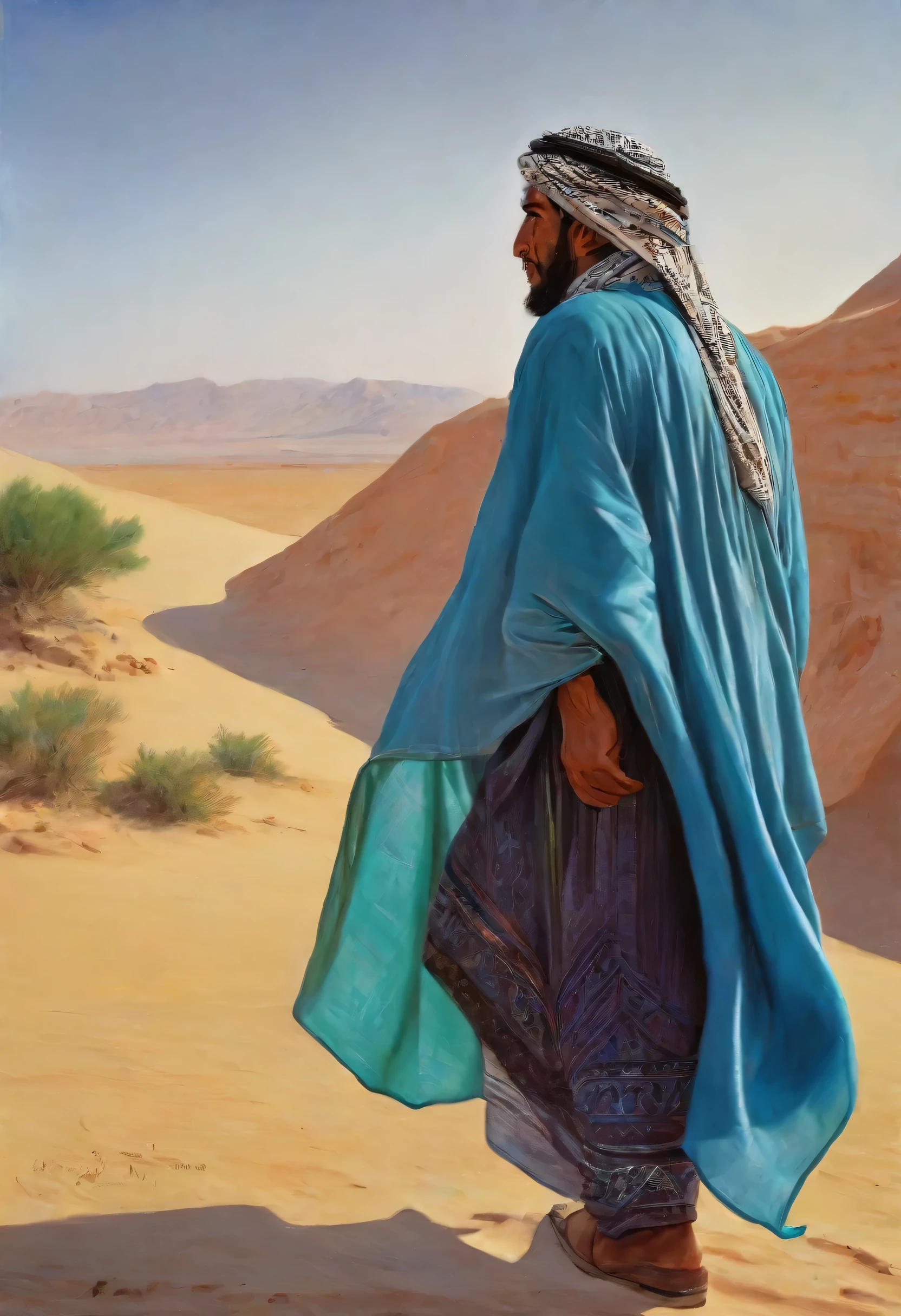 (realistic,photorealistic:1.37),professional,oil painting,bedouin man,walking in the desert,colorful traditional clothes, blue-green.