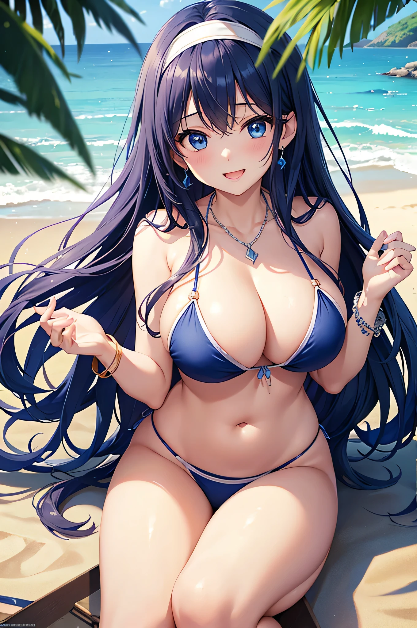 highest quality、Best image quality、masterpiece、beautiful girl、Navy blue long hair、blue eyes、Navy Blue Bikini、Big cleavage、(Big Breasts)、smile、blue necklace、Blue Earrings、background(Beach)、Sexy pose、Please open your mouth wide、White headband、angle(From above)、bracelet
