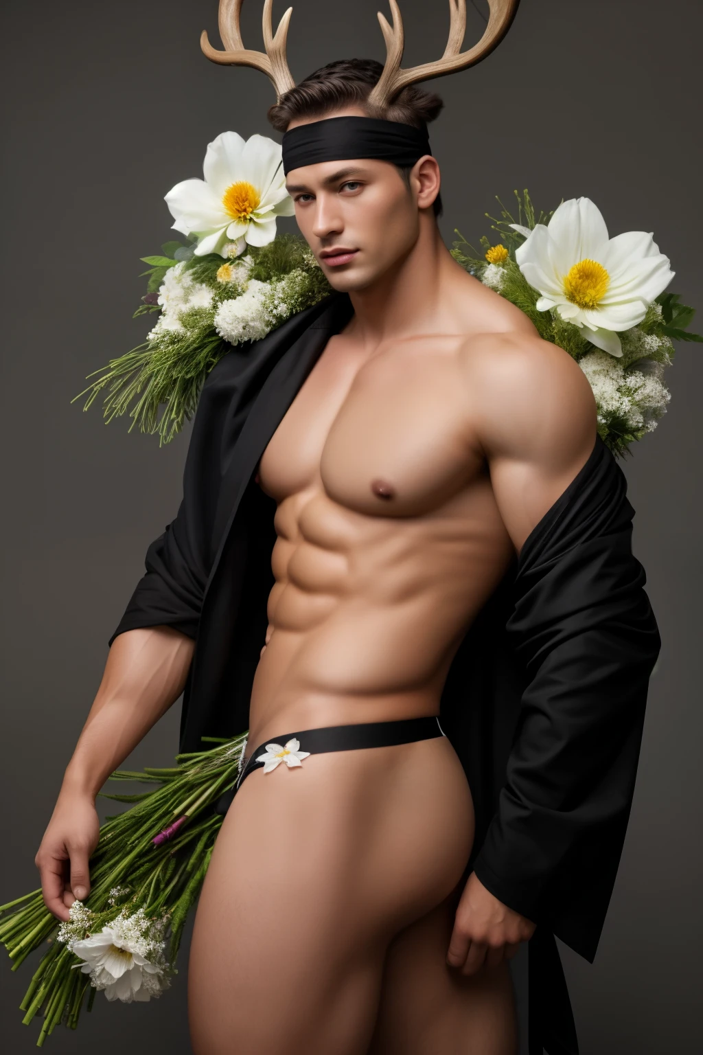 best quality,masterpiece,Ultra high detail,A handsome muscular man,Short black hair,deer horn on his head, topless,(Flowers on the shoulder), With flowers in his black micro thong, his eyes are blindfolded with black cloth, realistic,Grey background,Yellow and white flowers,