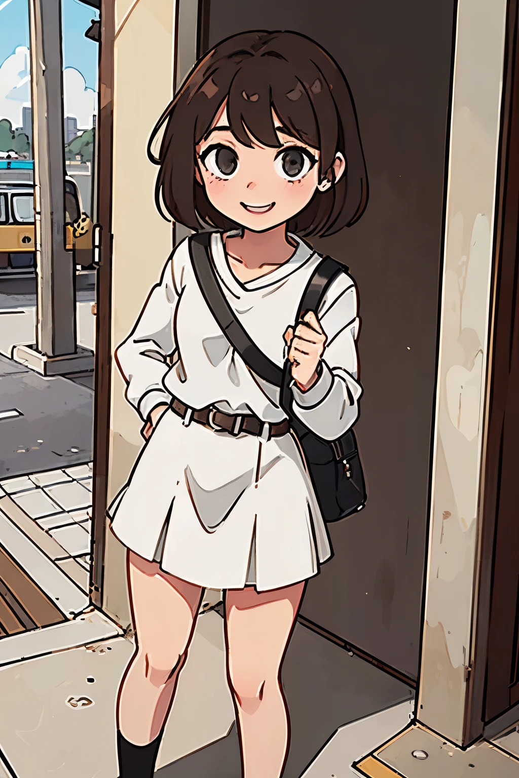One female college student、Brown Hair、Long sleeve cutter shirt(white)、Thin belt(Brown)、mini skirt(black)、Ankle-length shoes(white)、shoes(black)、Shoulder bag(gray)、Bus stop with ocean view、Outdoor、sunny、smile