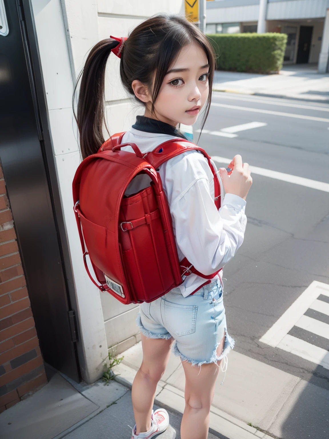 Masterpiece, hd, realistic, 1girl, 20 y.o, black hair, ponytail, wear white shirt, denim minipants, wear sneakers, carries red backpack, (backpack:1.2), standing, fullbody, city