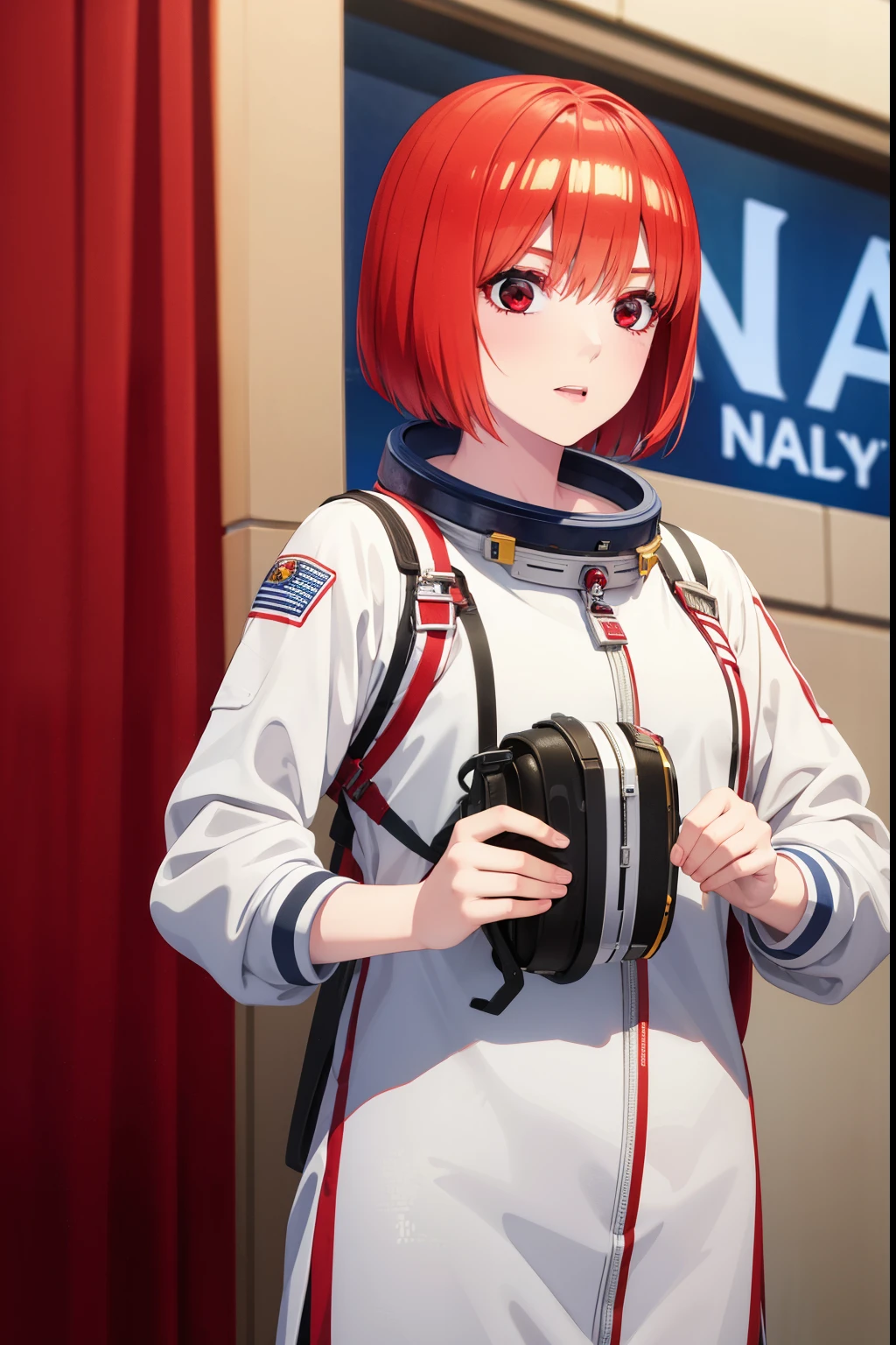  1woman,adult,25 years old,red hair,short hair, astronaut uniform, standing, half Body photo, bright red eyes, red eyes,bangs