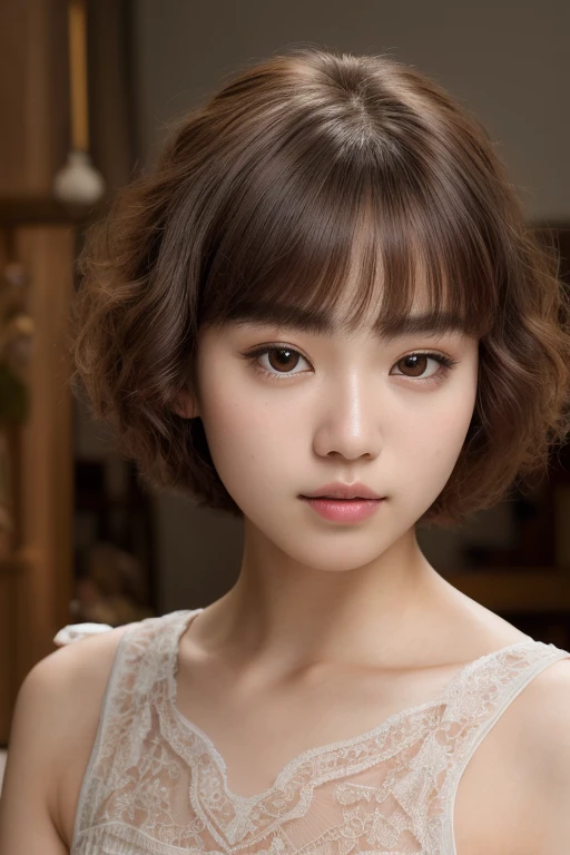 8k, 4K Ultra-HD, Intricate details, RAW Photos, Surreal, Highest quality, Tabletop Portraiture, Ultra-detailed, High resolution, Realistic, Photo portrait of a beautiful girl - Nao Oikawa.
She is a captivating beauty, her age indiscernible, posed solo in a serene, dimly lit setting. Her bobcut hair, styled with Rembrandt's lighting plan, frames a symmetrical face of delicate features. Her large, almond-shaped eyes, a striking shade of deep brown, are accentuated by a delicate line of eyeliner and thick, dark lashes. A natural