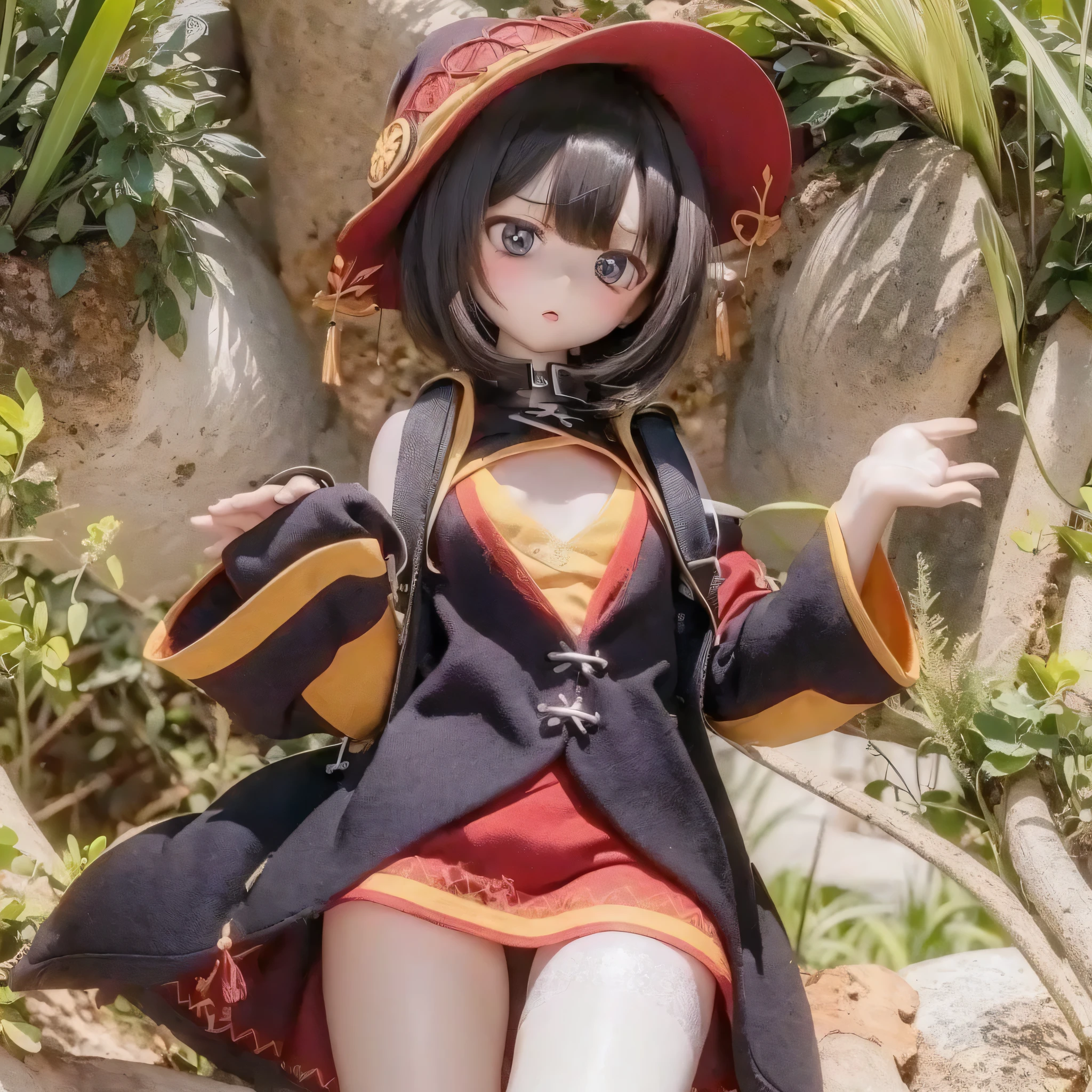 Chibi contrapposto pose girl wearing big hat, Flat Chest, And then Megumin appears. -> Eyes Beautifully detailed eyes,nose,LipsBeautiful detailed lips,subject's cute smile,Chibi Contrap Place,Megumin character variations,A person wearing a large hat or bonnet,Flat Chested,Bust Detail Naked Camel Toe Medium: Photorealistic portraits, ->Material Photorealistic Portrait Additional Details: She is surrounded by a vibrant garden, ->花园a blooming flower garden with various vibrant colors,green々Fresh green grass,Sunlight filtering through the finely knotted trees,Morning atmosphere,A few bees flying around,Image quality with birds singing in the distance: (highest quality,4K,8k,High resolution,masterpiece:1.2),Super detailed, ->Image quality: High resolution(Multiple options)
Art Style: anime, ->Art Style anime-style Color Palette: (Vibrant colors), ->Vibrant color palette lighting: Soft sunlight casts a warm glow on the scene, ->Light, soft and warm sunlight,Soft sunlight、Black Hair