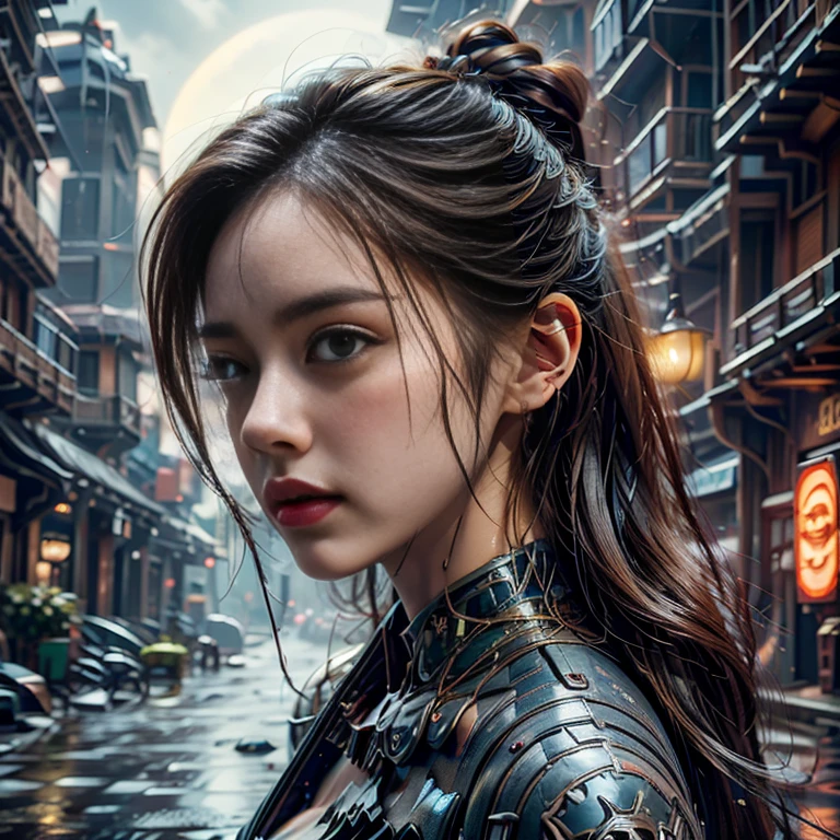 (highest quality、4K、8k、High resolution、masterpiece: 1.2)、Very detailed、(Genuine、Realistic、Realistic: 1.37)、photograph、(Front and side close-up of face:1.*******ung and very beautiful woman))、The woman is wearing protective clothing、(Ride a motorcycle and race)、(Leaning the motorcycle into a corner)、(Flowing hair and flowing clothes、background、Motion Blur Effect:1.37)、spark、Incandescent bulb、Neon color、Future City、Vibrant Street、Light reflections on wet sidewalk、Skyscraper、Sculptural architecture、Holographic Signage、Stylish and sophisticated design、Blurred motion of speeding cars、energy and excitement in the air、(Windy atmosphere)、Moonlit cityscape、The motorcycle of the future、COMG3O、mecha