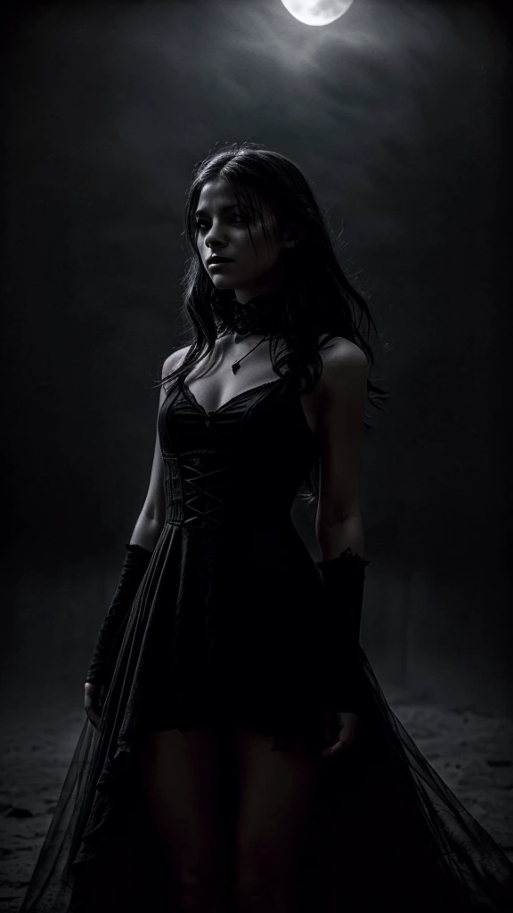 (a girl in a black dress, death, mysterious atmosphere, dark, haunting, gothic style, ethereal, foggy background, moonlight, sharp focus, fine details, high contrast, dramatic lighting, black and white tones, supernatural elements)