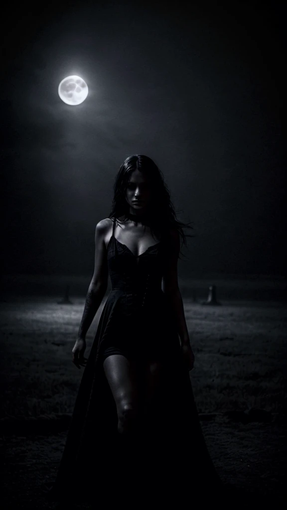 (a girl in a black dress, death, mysterious atmosphere, dark, haunting, gothic style, ethereal, foggy background, moonlight, sharp focus, fine details, high contrast, dramatic lighting, black and white tones, supernatural elements)