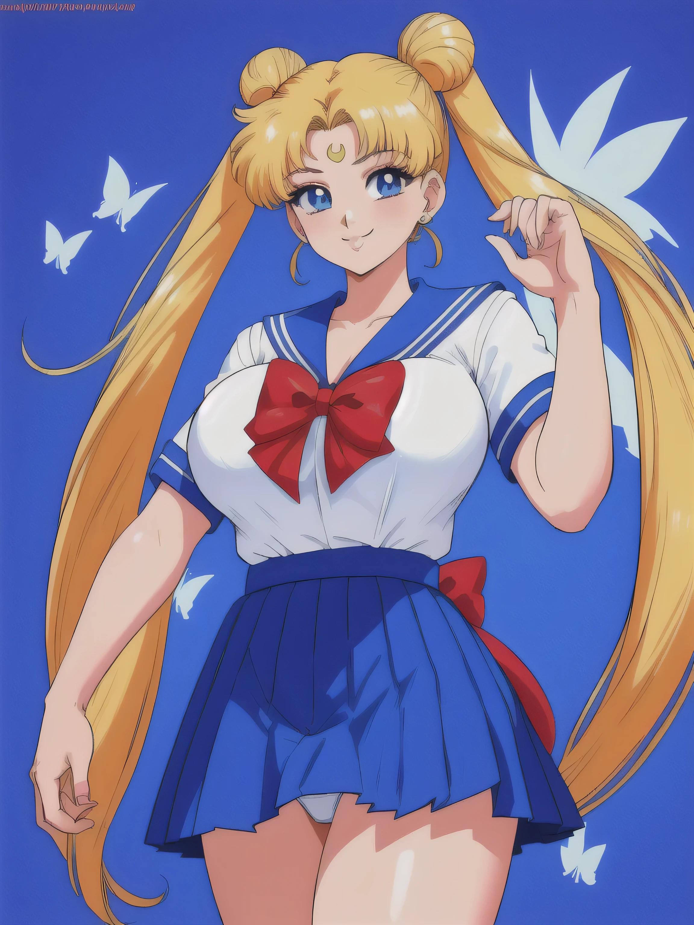 (Masterpiece, Top Quality, Highly Detailed, 16K Anime High Resolution, Art Style, Clean Brush Strokes, Highly Detailed, Anatomically Perfect Body), 1 Girl, ((SMUsagiTsukino)), (Perfect Face, very detailed), smile, beautifully detailed eyes, blue eyes, (blond hair, long hair, twintails), table top, (big breasts: 1.3), (school uniform, blue sailor suit, blue background, bowknot, red butterfly Tie), High body, Smooth body line, Wide waist: 1.2, Big butt: 1.2, Beautiful legs, (SEXY pose), Wearing white panties, Looking towards you, (Medieval city background), (Front photo) , taken from below),