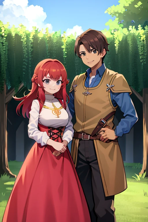 Light brown man and red-haired woman, dressed in medieval clothes, posing for a picture., like a medieval fantasy character, in the garden