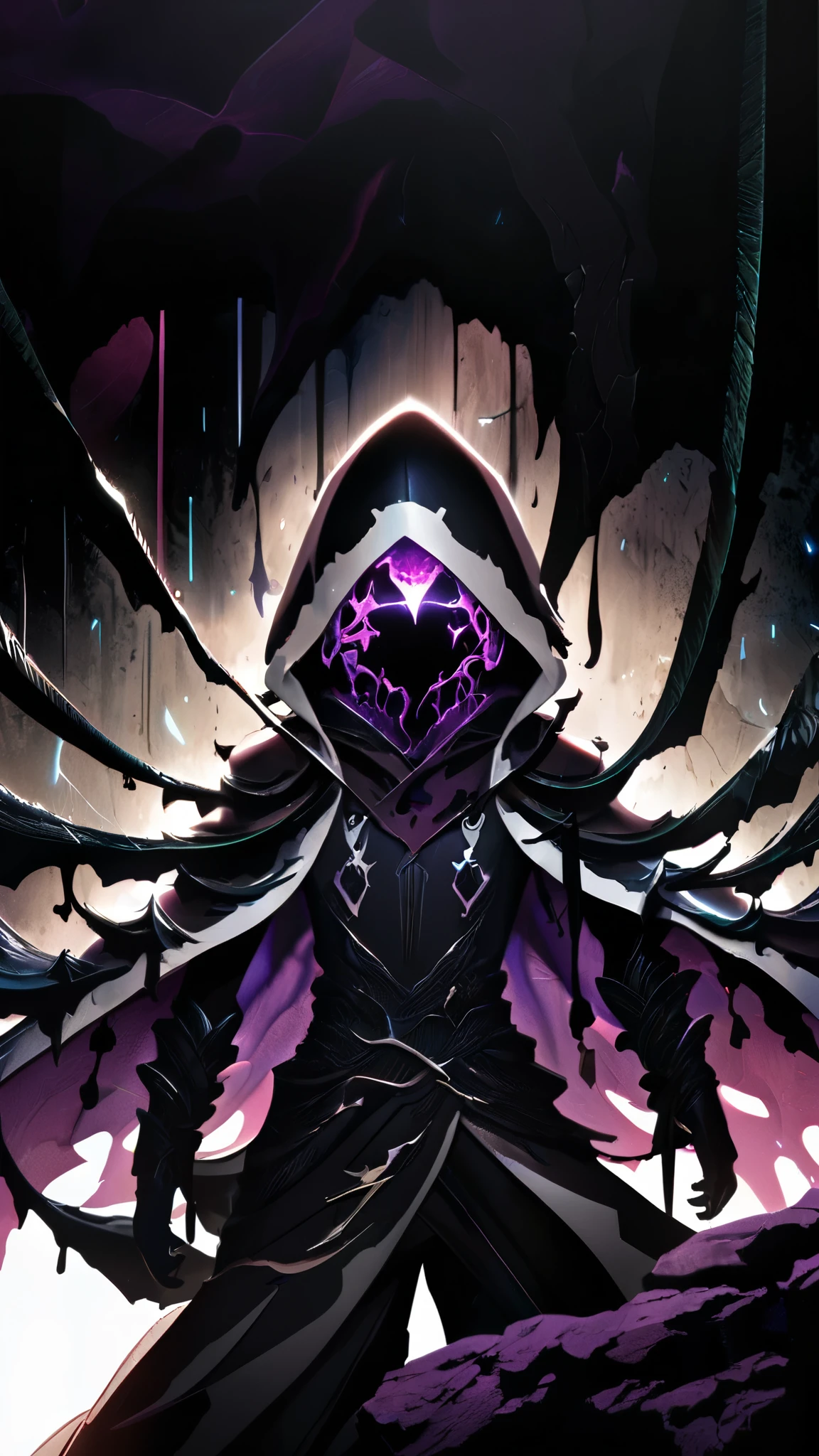 A mysterious hooded character with purple glowing eyes, ((black tendrils extending from their body)), standing in a dark, dripping cave, ominous, high detail, dramatic lighting, dark fantasy, intricate textures. abasterpiece)), ((best quality)), ultra detailed,((illustration)), dynamic angle, detailed light, (delicate eyes), (ahoge:0.8),apathy, ray，frontage，style of anime4 k， 4k anime wallpaper， badass anime 8 k， 4 k comic wallpaper