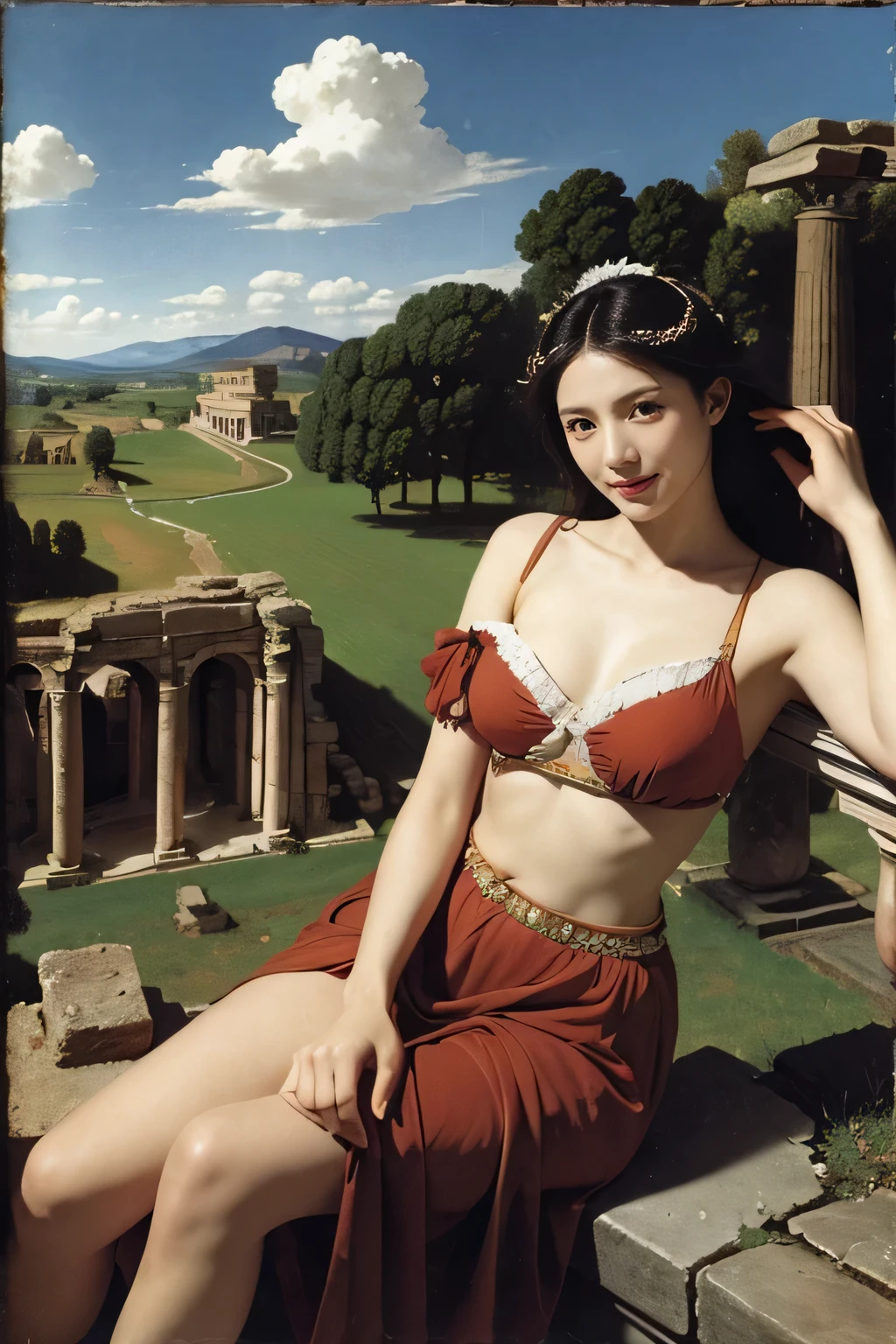 Ancient Roman ruins,Landscape in the style of Poussin,Laughter,,Sweet and seductive appearance.、Caravaggio&#39;s paintings、Caravaggio&#39;s Chiaroscuro、Hair tousled by the wind,Two women playing,Cute Smile, Expressions of Ecstasy,Sexy,erotic