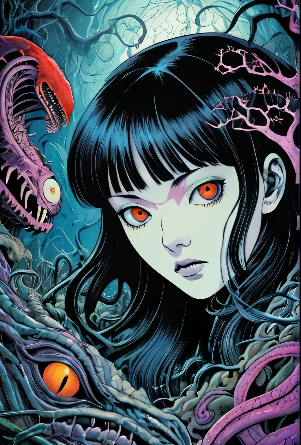 horror-themed lovecraftian horror Junji Ito, Raw digital photo, Film Washi, "The Frost of (80s style:0.65) (hand drawn, anime:1.2) (girl:0.8) , analogue vhs distortion, intricately detailed linework, vibrant colors", Hisui Sugiura, Intricate and vivid depiction of Junji Ito's work in film form. The artist's signature style is evident throughout, from the detailed linework and vibrant colors to the subtle analogue VHS distortion. The image captures a girl in her natural habitat, surrounded by intricate details that bring the scene to life. The overall effect is a stunning representation of Ito's unique vision. Hisui Sugiura Assistant has done an excellent job in capturing the essence of this iconic artist's work. The image is a true masterpiece.  . eldritch, cosmic horror, unknown, mysterious, surreal, highly detailed . eerie, unsettling, dark, spooky, suspenseful, grim, highly detailed