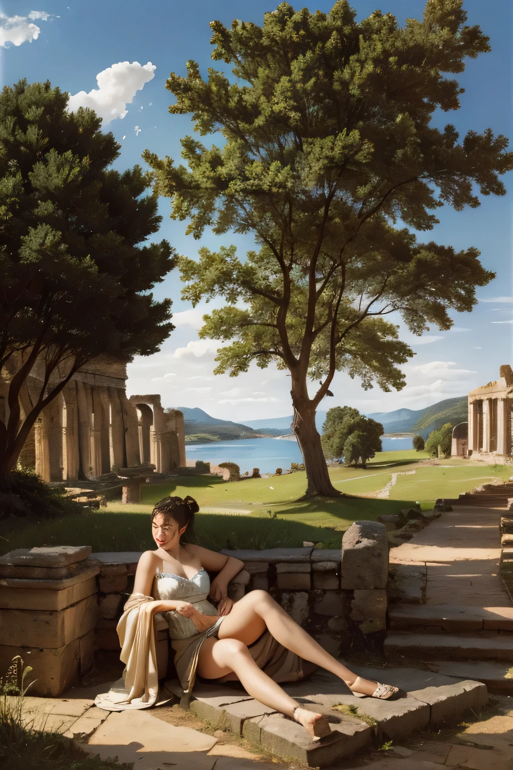 Ancient Roman ruins,Landscape in the style of Poussin,Laughter,,Sweet and seductive appearance.、Caravaggio's paintings、Caravaggio's Chiaroscuro、Hair tousled by the wind,Two women playing,Cute Smile, Expressions of Ecstasy,Sexy,erotic