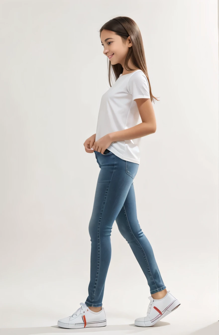 Walking in jeans on a white background, (Longtop)(Flat Chest:1.66),(Flat Chest),(12-year-old girl:1.66) ,Black Hair,(smile:1.37), (White sneakers:1.38),(Pink Longtop),Profile portrait of a girl walking, Full body cute young woman, Side view of her taking a step, Standing girl, Cute Girl's, Go right, Full body image, Looking at the camera