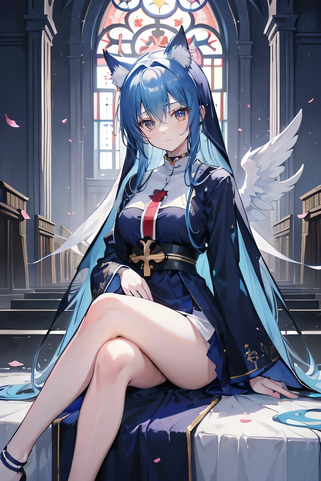 (masterpiece:1.2),Extremely detailed,Practical,expressive eyes,Fair skin,Perfect face shaping,1 Girl,
Japanese cartoons,Gorgeous blue hair, the long flowing blue hair,Floating clothes,Cat ears,Petals fall,beautiful lola,Young Angel,
Place your hands on your waist,sit elegantly on the ground,Cross your legs,Gentle and peaceful background,church,Nun's Clothes.