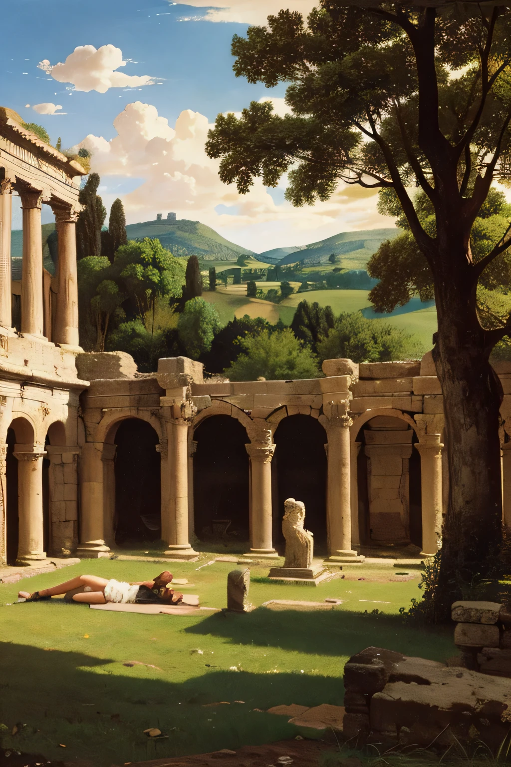 Ancient Roman ruins,Landscape in the style of Poussin,Laughter,,Sweet and seductive appearance.、Caravaggio's paintings、Caravaggio's Chiaroscuro、Hair tousled by the wind,Two women playing,Cute Smile, Expressions of Ecstasy,Sexy,erotic