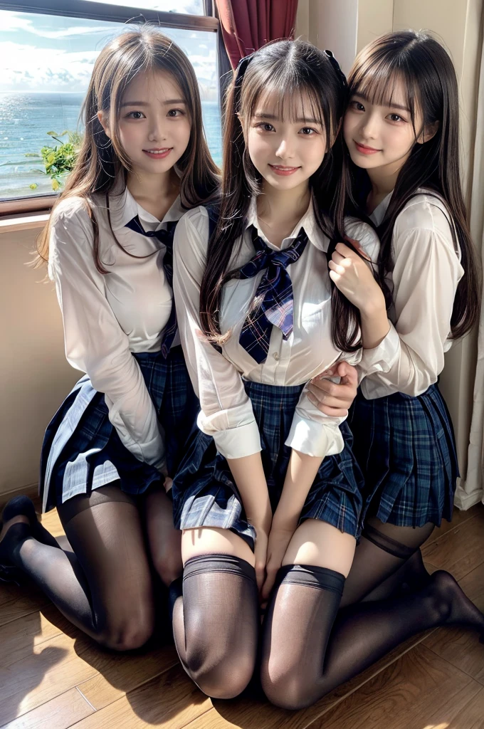 (Highschool girls inside suite room:1.4, s old, cute faces:1.5, triangular face, sitting on gorgeous bed), looking at viewer, ((embarrassed:1.3, smile:1.1)), shy smile, open mouth, silky skins, natural makeup, glossy lips, group shot, (sexual suggestive:0.7), (identical school uniform:1.5, white shirt open chest, see through , both hand on breast:1.24), (naked :0.2), (3 girls:1, perfect style, full body), ((slender body)), (pleated plaid skirt, show panties), (raw photo:1.4),(( legs wide open, ribbons, pantyhose:1.2)), (gentle light, 16k wallpaper, raw photo, idol), BIBE, (wide window with ocean scenery, expensive furniture:1.3, sheets on floor:1.4, flowers in planter), (very huge round breasts)