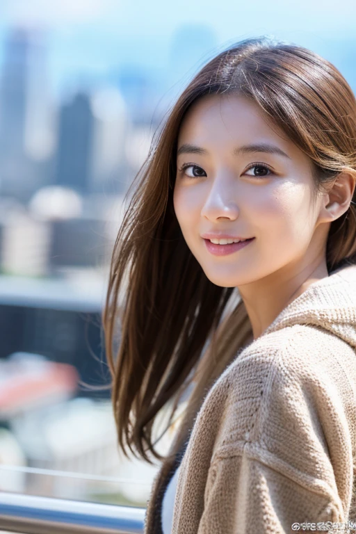 ((最high quality)), ((masterpiece)), (detailed), Perfect Face、Perfect body、Light brown hair、Beautiful Skin、girlfriend on date、Russian Beauty、Smiling face、alone, (((Very detailedな顔)))), ((非常にdetailedな目と顔)))), beautifulディテールの目, Body parts__, Official Art, Unified 8k wallpaper, 非常にdetailed, beautiful and beautiful, beautiful, masterpiece, 最high quality, original, masterpiece, Ultra HD Photos, 最high quality, Ultra-high resolution, Realistic realism, sunlight, Full body portrait, Amazing beauty, Dynamic pose, Delicate face, Vivid eyes, (from the front), 非常にdetailedな都市の屋根の背景, rooftop, Overlooking the city, detailedな顔, detailedで複雑な忙しい背景, Messy, nice, milky, 非常にdetailedな肌, Realistic skin detail, Pores are visible, Clear focus, 8K Ultra HD, high quality, Fair skin