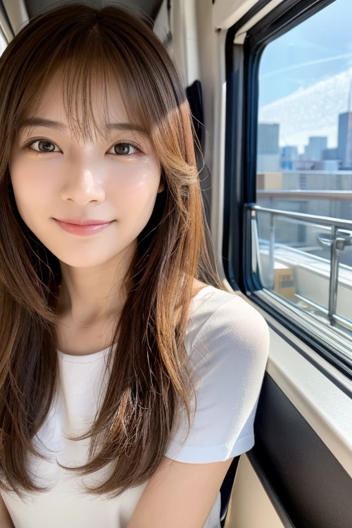 ((最high quality)), ((masterpiece)), (detailed), Perfect Face、Perfect body、Light brown hair、Beautiful Skin、girlfriend on date、Russian Beauty、Smiling face、alone, (((Very detailedな顔)))), ((非常にdetailedな目と顔)))), beautifulディテールの目, Body parts__, Official Art, Unified 8k wallpaper, 非常にdetailed, beautiful and beautiful, beautiful, masterpiece, 最high quality, original, masterpiece, Ultra HD Photos, 最high quality, Ultra-high resolution, Realistic realism, sunlight, Full body portrait, Amazing beauty, Dynamic pose, Delicate face, Vivid eyes, (from the front), 非常にdetailedな都市の屋根の背景, rooftop, Overlooking the city, detailedな顔, detailedで複雑な忙しい背景, Messy, nice, milky, 非常にdetailedな肌, Realistic skin detail, Pores are visible, Clear focus, 8K Ultra HD, high quality, Fair skin