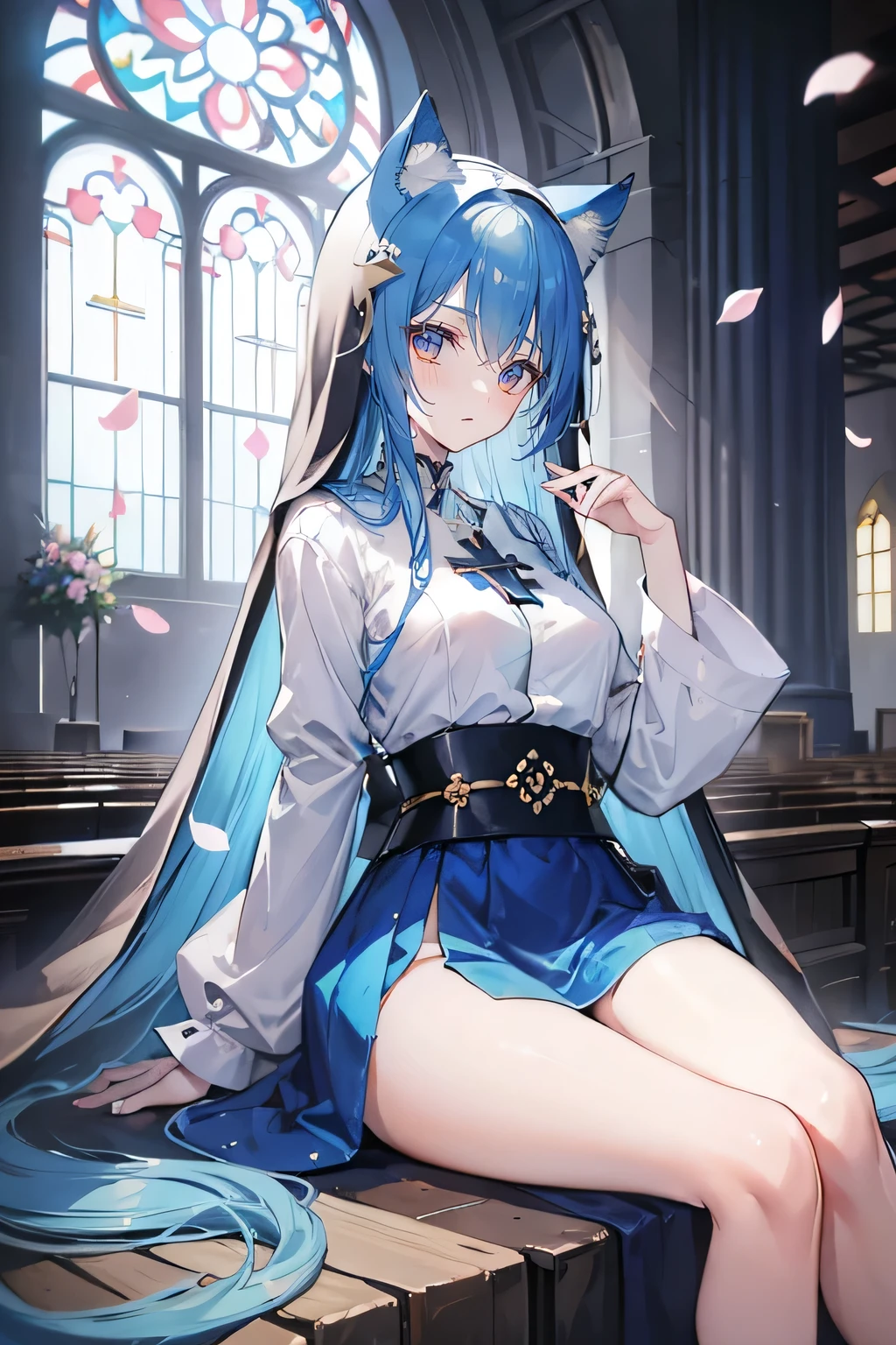(masterpiece:1.2),Extremely detailed,Practical,expressive eyes,Fair skin,Perfect face shaping,1 Girl,
Japanese cartoons,Gorgeous blue hair, the long flowing blue hair,Floating clothes,Cat ears,Petals fall,beautiful lola,Young Angel,
Place your hands on your waist,sit elegantly on the ground,Cross your legs,Gentle and peaceful background,church,Nun's Clothes.